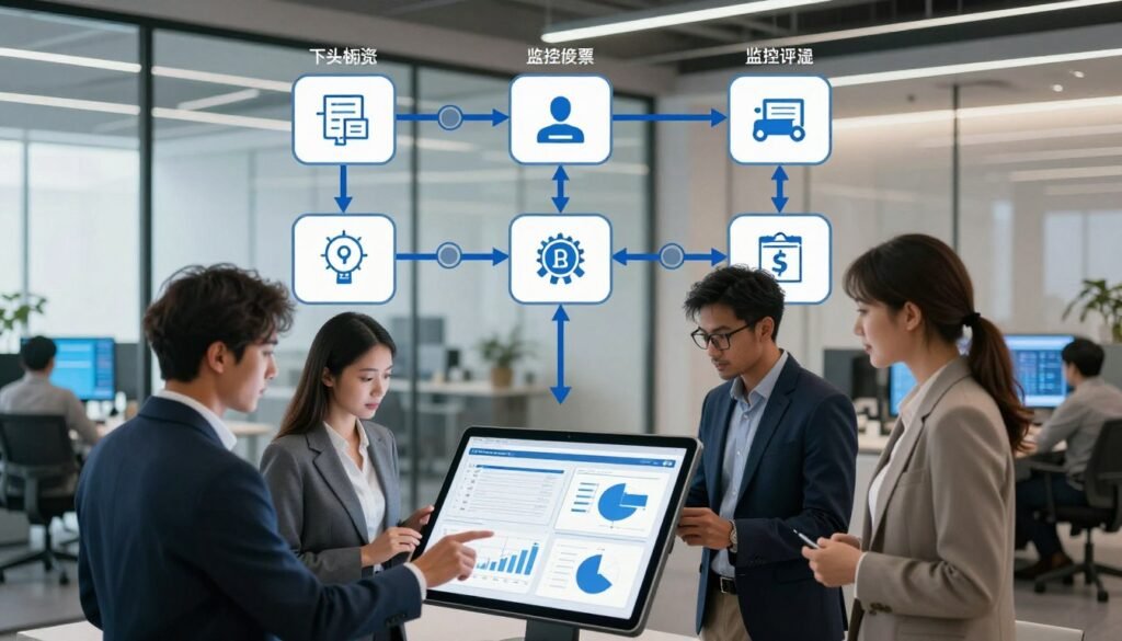 A detailed illustration of an AI workflow automation step-by-step process. In the foreground, show a diverse group of three professionals in smart business attire collaborating over a large digital tablet, analyzing graphs and flowcharts. In the middle, depict a visually striking flowchart connecting various stages of the automation process, including task identification, tool selection, execution, and monitoring, all represented with icons and arrows. The background features a modern office environment with glass walls, soft lighting enhancing a productive atmosphere, and digital screens displaying data analytics. Capture a sense of innovation and teamwork, with a clean, organized aesthetic that reflects a streamlined workflow. Use a wide-angle perspective to emphasize the collaborative nature of the process. A detailed illustration of an AI workflow automation step-by-step process. In the foreground, show a diverse group of three professionals in smart business attire collaborating over a large digital tablet, analyzing graphs and flowcharts. In the middle, depict a visually striking flowchart connecting various stages of the automation process, including task identification, tool selection, execution, and monitoring, all represented with icons and arrows. The background features a modern office environment with glass walls, soft lighting enhancing a productive atmosphere, and digital screens displaying data analytics. Capture a sense of innovation and teamwork, with a clean, organized aesthetic that reflects a streamlined workflow. Use a wide-angle perspective to emphasize the collaborative nature of the process.