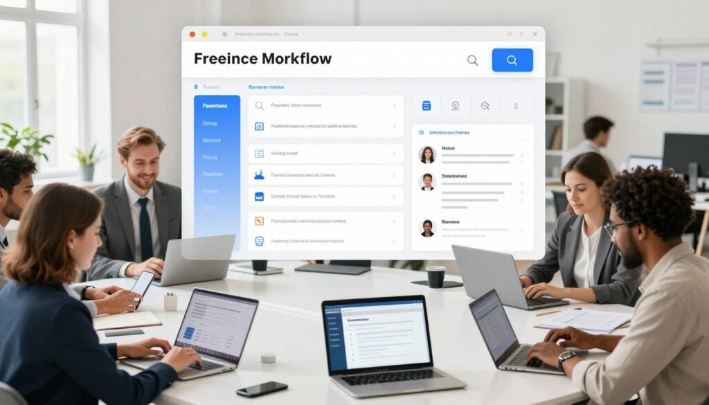 A detailed illustration of the buyer workflow in a freelance marketplace, showcasing a seamless journey from search to delivery. In the foreground, a diverse group of customers in professional business attire engages with laptops and mobile devices, browsing through freelance services. The middle layer depicts a digital interface with various icons representing search filters, project listings, and proposals. The background features a clean, modern workspace with large windows letting in natural light, creating an inviting atmosphere. Use a wide-angle perspective to capture the entire scene, emphasizing clarity and organization. The overall mood should be optimistic and energetic, reflecting the ease and efficiency of the freelance buying process. Please ensure that the image is free from text, logos, or watermarks. A detailed illustration of the buyer workflow in a freelance marketplace, showcasing a seamless journey from search to delivery. In the foreground, a diverse group of customers in professional business attire engages with laptops and mobile devices, browsing through freelance services. The middle layer depicts a digital interface with various icons representing search filters, project listings, and proposals. The background features a clean, modern workspace with large windows letting in natural light, creating an inviting atmosphere. Use a wide-angle perspective to capture the entire scene, emphasizing clarity and organization. The overall mood should be optimistic and energetic, reflecting the ease and efficiency of the freelance buying process. Please ensure that the image is free from text, logos, or watermarks.