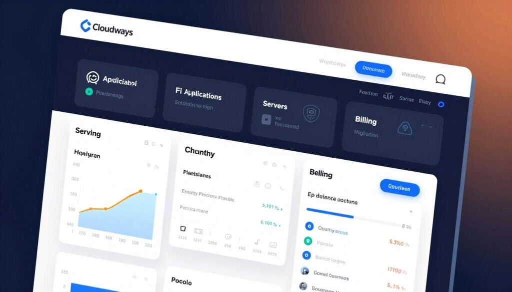 A detailed view of the Cloudways dashboard interface for server management, featuring an organized layout with vibrant colors and intuitive navigation. Foreground elements include multiple widgets showcasing server performance metrics, user-friendly graphs, and hosting plans. The middle section displays a dark-themed control panel with well-defined tabs, such as Applications, Servers, and Billing, all illuminated with soft, ambient lighting to create a modern look. In the background, a subtle gradient enhances depth without distracting from the interface. The atmosphere is professional and tech-oriented, ideal for illustrating a cutting-edge server management tool. The scene is captured from a slightly elevated angle, emphasizing user interaction while maintaining clarity. A detailed view of the Cloudways dashboard interface for server management, featuring an organized layout with vibrant colors and intuitive navigation. Foreground elements include multiple widgets showcasing server performance metrics, user-friendly graphs, and hosting plans. The middle section displays a dark-themed control panel with well-defined tabs, such as Applications, Servers, and Billing, all illuminated with soft, ambient lighting to create a modern look. In the background, a subtle gradient enhances depth without distracting from the interface. The atmosphere is professional and tech-oriented, ideal for illustrating a cutting-edge server management tool. The scene is captured from a slightly elevated angle, emphasizing user interaction while maintaining clarity.