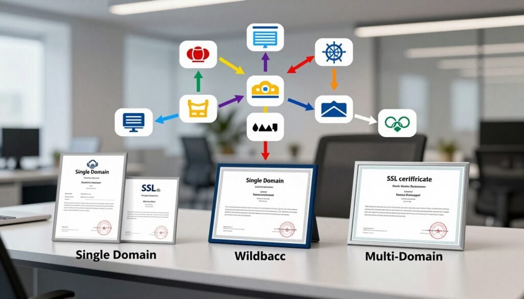 A detailed visual representation of different SSL certificate types in relation to domain structure. In the foreground, showcase several SSL certificates with distinct labels like "Single Domain", "Wildcard", and "Multi-Domain" presented on a sleek, modern desk. In the middle, depict a vibrant flowchart demonstrating the relationships between these certificates, connecting to various domain icons like a website, subdomains, and multiple domains, with colorful arrows indicating their connections. The background features a blurred office setting with soft, professional lighting to create a focused and informative atmosphere. Use a shallow depth of field to emphasize the certificates and flowchart as the main subjects, conveying a sense of corporate professionalism and security in the digital landscape. A detailed visual representation of different SSL certificate types in relation to domain structure. In the foreground, showcase several SSL certificates with distinct labels like "Single Domain", "Wildcard", and "Multi-Domain" presented on a sleek, modern desk. In the middle, depict a vibrant flowchart demonstrating the relationships between these certificates, connecting to various domain icons like a website, subdomains, and multiple domains, with colorful arrows indicating their connections. The background features a blurred office setting with soft, professional lighting to create a focused and informative atmosphere. Use a shallow depth of field to emphasize the certificates and flowchart as the main subjects, conveying a sense of corporate professionalism and security in the digital landscape.