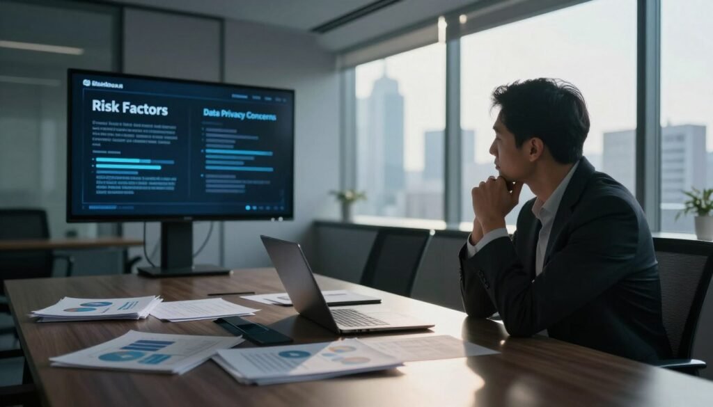 A dimly lit corporate office setting, with a large window letting in soft, diffused sunlight that casts long shadows across the room. In the foreground, a thoughtful professional man in a suit examines a complex digital display showing the words "Risk Factors" and "Data Privacy Concerns." He appears contemplative, embodying the weight of decision-making. In the middle ground, a sleek conference table cluttered with documents, graphs, and a laptop, hinting at analysis and strategy discussions. The background reveals a blurred city skyline, representing the broader business landscape. The atmosphere is one of tension and contemplation, with cool color tones to emphasize seriousness and professionalism, inviting reflection on potential pitfalls of Blackbox AI implementations in business. A dimly lit corporate office setting, with a large window letting in soft, diffused sunlight that casts long shadows across the room. In the foreground, a thoughtful professional man in a suit examines a complex digital display showing the words "Risk Factors" and "Data Privacy Concerns." He appears contemplative, embodying the weight of decision-making. In the middle ground, a sleek conference table cluttered with documents, graphs, and a laptop, hinting at analysis and strategy discussions. The background reveals a blurred city skyline, representing the broader business landscape. The atmosphere is one of tension and contemplation, with cool color tones to emphasize seriousness and professionalism, inviting reflection on potential pitfalls of Blackbox AI implementations in business.