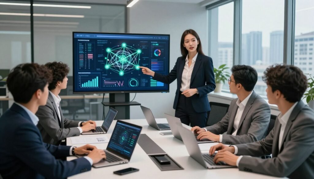 A diverse group of five professionals, representing an award-winning network team, gathered around a modern conference table covered with advanced technology tools and laptops. In the foreground, focus on a confident woman in a sleek blazer, explaining a complex network diagram to her attentive colleagues, all dressed in smart business attire. In the middle ground, showcase a large screen displaying analytics and network solutions, with graphs and charts illuminating the room with soft blue and green lights. In the background, sleek office decor and large windows reveal a panoramic city view, suggesting a progressive work environment. The atmosphere is collaborative and energetic, capturing the essence of teamwork and expertise in advanced networking solutions. The image is well-lit with natural and ambient lighting, using a slightly elevated angle for a professional look. A diverse group of five professionals, representing an award-winning network team, gathered around a modern conference table covered with advanced technology tools and laptops. In the foreground, focus on a confident woman in a sleek blazer, explaining a complex network diagram to her attentive colleagues, all dressed in smart business attire. In the middle ground, showcase a large screen displaying analytics and network solutions, with graphs and charts illuminating the room with soft blue and green lights. In the background, sleek office decor and large windows reveal a panoramic city view, suggesting a progressive work environment. The atmosphere is collaborative and energetic, capturing the essence of teamwork and expertise in advanced networking solutions. The image is well-lit with natural and ambient lighting, using a slightly elevated angle for a professional look.