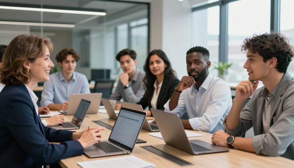 A diverse group of professional individuals engaged in a lively discussion in a modern office environment, reflecting their honest opinions and experiences with KrispCall. In the foreground, a middle-aged businesswoman in a smart blazer smiles, gesturing as she shares her thoughts. Beside her, a young man in casual business attire nods thoughtfully, showing interest. In the middle ground, a group of colleagues, including a South Asian woman in a professional outfit and a Black man wearing a crisp shirt, are seated around a conference table, laptops open, exchanging ideas. Background elements feature sleek office decor and a large window with natural light streaming in, creating an inviting atmosphere. The mood is collaborative and positive, emphasizing innovation and user satisfaction. A diverse group of professional individuals engaged in a lively discussion in a modern office environment, reflecting their honest opinions and experiences with KrispCall. In the foreground, a middle-aged businesswoman in a smart blazer smiles, gesturing as she shares her thoughts. Beside her, a young man in casual business attire nods thoughtfully, showing interest. In the middle ground, a group of colleagues, including a South Asian woman in a professional outfit and a Black man wearing a crisp shirt, are seated around a conference table, laptops open, exchanging ideas. Background elements feature sleek office decor and a large window with natural light streaming in, creating an inviting atmosphere. The mood is collaborative and positive, emphasizing innovation and user satisfaction.