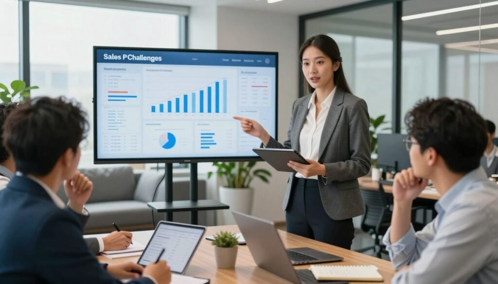 A diverse group of sales team members engaged in a brainstorming session in a modern office environment. In the foreground, a focused female team leader wearing professional attire uses a digital tablet to present data insights, while a thoughtful male colleague with glasses takes notes on a notepad. In the middle ground, a large screen displays an analytics dashboard depicting sales challenges, with graphs and statistics visible. The background features a bright, open office space with plants and contemporary furnishings, enhancing the atmosphere of collaboration and productivity. Soft, natural lighting filters in through large windows, creating an inviting, energetic mood that captures the dynamics of overcoming operational challenges in sales. A diverse group of sales team members engaged in a brainstorming session in a modern office environment. In the foreground, a focused female team leader wearing professional attire uses a digital tablet to present data insights, while a thoughtful male colleague with glasses takes notes on a notepad. In the middle ground, a large screen displays an analytics dashboard depicting sales challenges, with graphs and statistics visible. The background features a bright, open office space with plants and contemporary furnishings, enhancing the atmosphere of collaboration and productivity. Soft, natural lighting filters in through large windows, creating an inviting, energetic mood that captures the dynamics of overcoming operational challenges in sales.