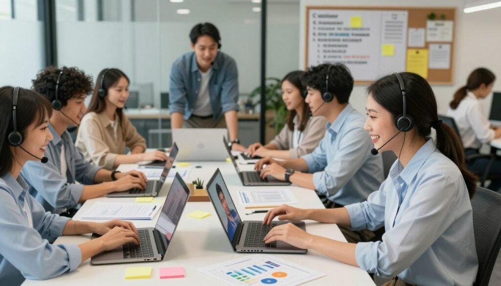 A dynamic and engaging customer support scene in a modern office environment, featuring a diverse group of professionals in business casual attire collaborating around a large table with laptops and digital devices. In the foreground, a friendly support representative is actively engaging with a customer on a video call, showcasing a warm smile and professional demeanor. In the middle ground, team members are brainstorming ideas and discussing strategies, with colorful post-it notes and charts scattered around. The background features glass walls with a community board displaying positive customer testimonials and success stories. The lighting is bright and inviting, creating an atmosphere of openness and teamwork, shot from a slightly elevated angle to capture the entire workspace's energy and collaboration. A dynamic and engaging customer support scene in a modern office environment, featuring a diverse group of professionals in business casual attire collaborating around a large table with laptops and digital devices. In the foreground, a friendly support representative is actively engaging with a customer on a video call, showcasing a warm smile and professional demeanor. In the middle ground, team members are brainstorming ideas and discussing strategies, with colorful post-it notes and charts scattered around. The background features glass walls with a community board displaying positive customer testimonials and success stories. The lighting is bright and inviting, creating an atmosphere of openness and teamwork, shot from a slightly elevated angle to capture the entire workspace's energy and collaboration.