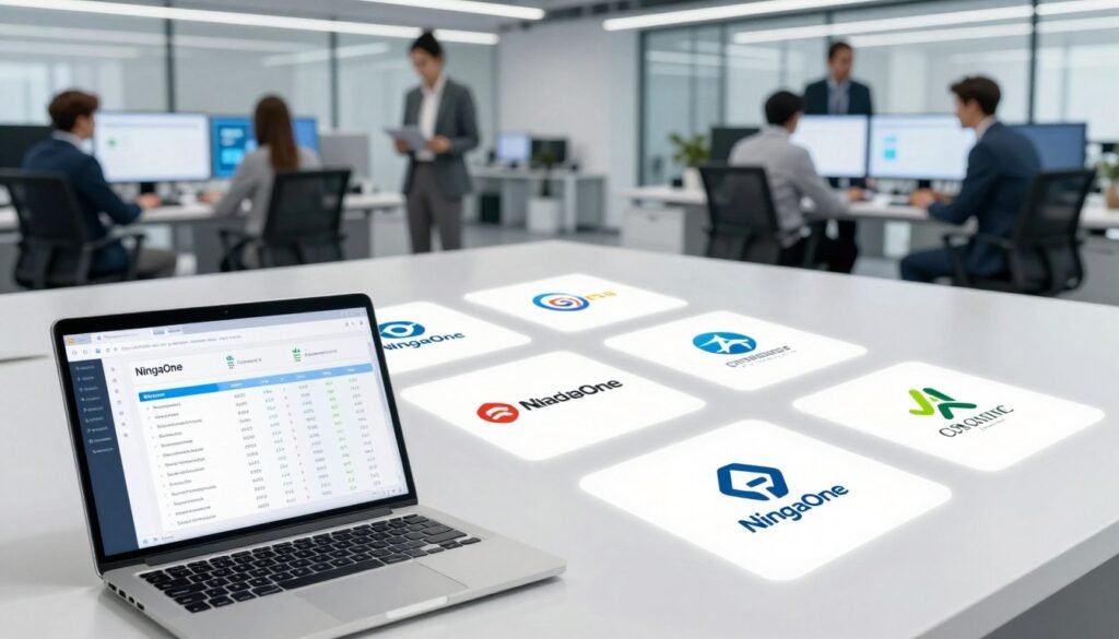 A dynamic and informative illustration depicting a competitive landscape for IT endpoint management solutions. In the foreground, showcase a sleek laptop displaying a dashboard filled with user-friendly analytics and comparison metrics for NinjaOne and its competitors. The middle ground features stylized graphics of various companies' logos, creatively laid out to signify their competitive nature. In the background, a modern office setting with professionals in business attire engaged in discussions or analyzing data on screens. The lighting should be bright and professional, evoking a sense of clarity and focus. Use a wide-angle lens perspective to capture the depth of the space, emphasizing the theme of competitive analysis in technology management. The mood should be industrious and analytical, perfect for illustrating a section on comparisons. A dynamic and informative illustration depicting a competitive landscape for IT endpoint management solutions. In the foreground, showcase a sleek laptop displaying a dashboard filled with user-friendly analytics and comparison metrics for NinjaOne and its competitors. The middle ground features stylized graphics of various companies' logos, creatively laid out to signify their competitive nature. In the background, a modern office setting with professionals in business attire engaged in discussions or analyzing data on screens. The lighting should be bright and professional, evoking a sense of clarity and focus. Use a wide-angle lens perspective to capture the depth of the space, emphasizing the theme of competitive analysis in technology management. The mood should be industrious and analytical, perfect for illustrating a section on comparisons.