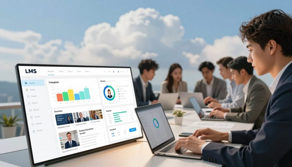A dynamic, cloud-based learning management system (LMS) interface, focusing on creators and businesses. In the foreground, a user-friendly dashboard featuring vibrant graphs, course listings, and interactive widgets that illustrate course creation and student engagement. In the middle, diverse professionals in business attire collaborate around a modern workspace, using laptops and tablets to access the LMS. The background showcases a serene digital landscape with soft cloud formations and a blue sky, symbolizing the cloud-based technology. Soft, natural lighting enhances the productive atmosphere, highlighted by the warm glow of laptop screens. The overall mood is innovative and empowering, reflecting a modern solution for online education and business growth. A dynamic, cloud-based learning management system (LMS) interface, focusing on creators and businesses. In the foreground, a user-friendly dashboard featuring vibrant graphs, course listings, and interactive widgets that illustrate course creation and student engagement. In the middle, diverse professionals in business attire collaborate around a modern workspace, using laptops and tablets to access the LMS. The background showcases a serene digital landscape with soft cloud formations and a blue sky, symbolizing the cloud-based technology. Soft, natural lighting enhances the productive atmosphere, highlighted by the warm glow of laptop screens. The overall mood is innovative and empowering, reflecting a modern solution for online education and business growth.