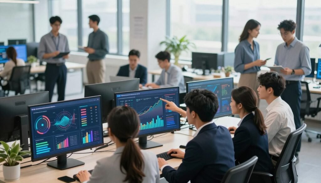 A dynamic data visualization scene depicting job seekers engaging with insights on employment opportunities. In the foreground, a diverse group of four professionals dressed in smart business attire analyzes colorful, interactive charts and graphs displayed on sleek digital screens. The middle ground showcases a modern, airy workspace with large windows allowing natural light to flood the room, illuminating the collaborative atmosphere. In the background, blurred silhouettes of additional job seekers are seen networking and discussing their career paths. The overall mood conveys optimism and ambition, with a focus on growth and opportunity, captured from a slightly high angle to emphasize the activity and engagement in the space. The lighting is bright and inviting, creating a sense of hope and possibility. A dynamic data visualization scene depicting job seekers engaging with insights on employment opportunities. In the foreground, a diverse group of four professionals dressed in smart business attire analyzes colorful, interactive charts and graphs displayed on sleek digital screens. The middle ground showcases a modern, airy workspace with large windows allowing natural light to flood the room, illuminating the collaborative atmosphere. In the background, blurred silhouettes of additional job seekers are seen networking and discussing their career paths. The overall mood conveys optimism and ambition, with a focus on growth and opportunity, captured from a slightly high angle to emphasize the activity and engagement in the space. The lighting is bright and inviting, creating a sense of hope and possibility.