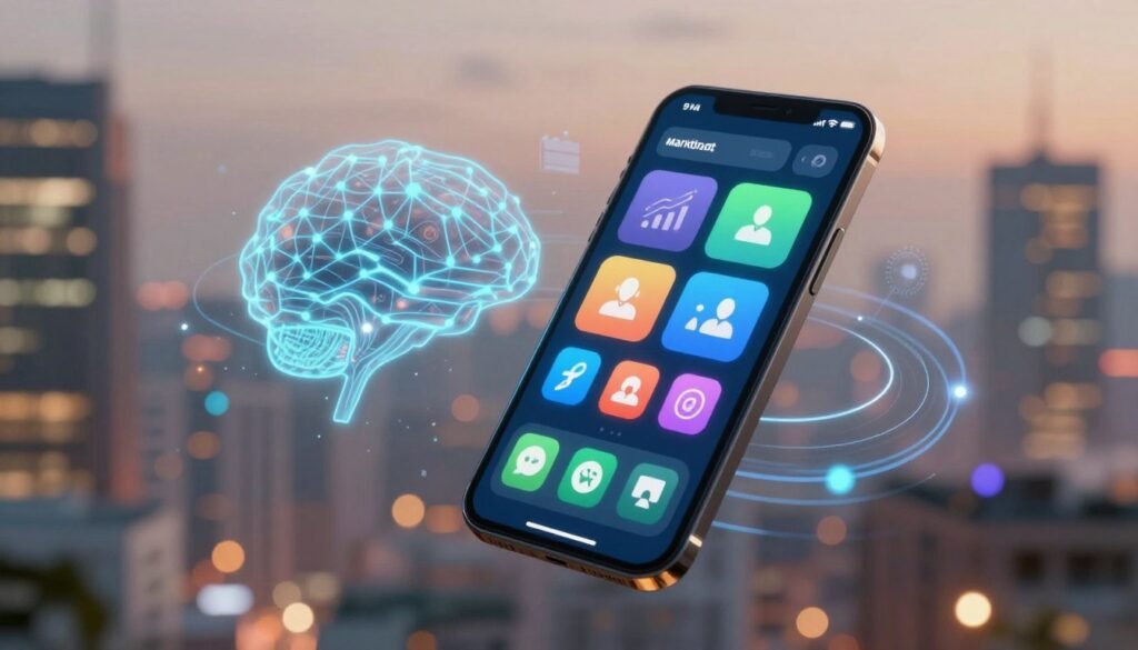 A futuristic digital landscape showcasing modern AI features and mobile app interfaces. In the foreground, display a sleek smartphone with vibrant app icons symbolizing advanced marketing functions, such as analytics and customer engagement. The middle ground should feature abstract representations of artificial intelligence, like neural network patterns or data flows, seamlessly integrating with the smartphone. The background includes a blurred city skyline, illuminated by soft neon lights, conveying a sense of innovation and progress. Utilize a warm color palette combined with blue and green tones, evoking a dynamic, tech-savvy atmosphere. The lighting should be soft yet bright, highlighting the smartphone and its applications, shot from a slightly elevated angle to emphasize the futuristic feel. No text or watermarks present. A futuristic digital landscape showcasing modern AI features and mobile app interfaces. In the foreground, display a sleek smartphone with vibrant app icons symbolizing advanced marketing functions, such as analytics and customer engagement. The middle ground should feature abstract representations of artificial intelligence, like neural network patterns or data flows, seamlessly integrating with the smartphone. The background includes a blurred city skyline, illuminated by soft neon lights, conveying a sense of innovation and progress. Utilize a warm color palette combined with blue and green tones, evoking a dynamic, tech-savvy atmosphere. The lighting should be soft yet bright, highlighting the smartphone and its applications, shot from a slightly elevated angle to emphasize the futuristic feel. No text or watermarks present.