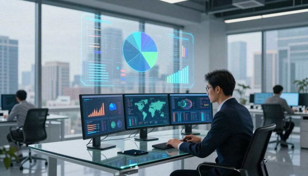 A futuristic office space showcasing a data analyst at a sleek glass desk, surrounded by multiple screens displaying vibrant charts, graphs, and maps indicating data insights. In the foreground, the analyst, dressed in professional business attire, focuses intently on the data visualizations. The middle layer features a holographic display projecting 3D data representations, such as pie charts and bar graphs, illuminated with soft blue and green lighting to convey a high-tech ambiance. The background includes a panoramic view of a bustling city skyline through large windows, suggesting connectivity and progress. The overall atmosphere is innovative and dynamic, reflecting the theme of data product insights. The image is bright, well-lit, and emphasizes clarity in the visuals without any text or distractions. A futuristic office space showcasing a data analyst at a sleek glass desk, surrounded by multiple screens displaying vibrant charts, graphs, and maps indicating data insights. In the foreground, the analyst, dressed in professional business attire, focuses intently on the data visualizations. The middle layer features a holographic display projecting 3D data representations, such as pie charts and bar graphs, illuminated with soft blue and green lighting to convey a high-tech ambiance. The background includes a panoramic view of a bustling city skyline through large windows, suggesting connectivity and progress. The overall atmosphere is innovative and dynamic, reflecting the theme of data product insights. The image is bright, well-lit, and emphasizes clarity in the visuals without any text or distractions.