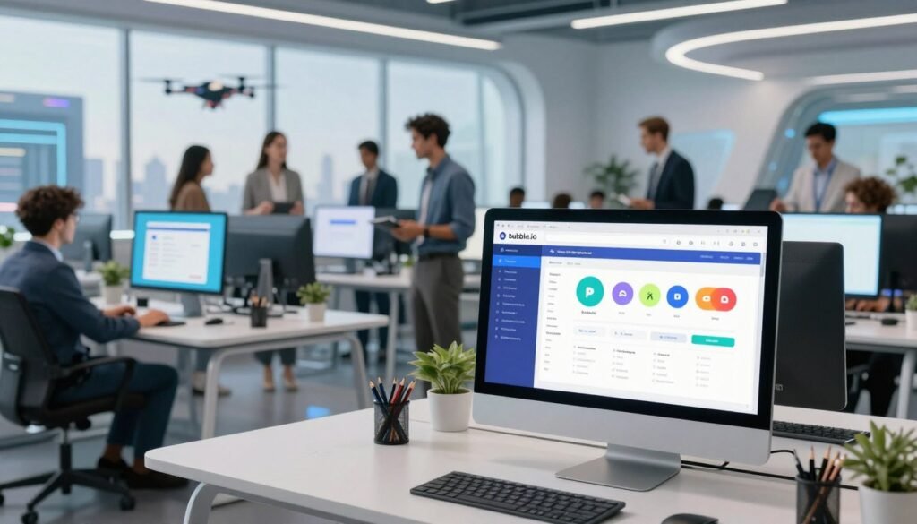 A futuristic workspace showcasing the evolution of visual development platforms, with Bubble.io at the forefront. In the foreground, a sleek, modern computer setup displays a vibrant user interface with colorful app designs, symbolizing no-code development. The middle ground features diverse professionals in business attire, collaborating over digital screens, sharing ideas, and brainstorming, showcasing a collaborative atmosphere. In the background, a panoramic view of a high-tech cityscape with innovative architecture and flying drones, representing future trends in technology. The lighting is bright and inspiring, emphasizing the excitement of innovation. Use a slight depth-of-field effect to focus on the foreground elements, creating a dynamic visual contrast that conveys progress and creativity. A futuristic workspace showcasing the evolution of visual development platforms, with Bubble.io at the forefront. In the foreground, a sleek, modern computer setup displays a vibrant user interface with colorful app designs, symbolizing no-code development. The middle ground features diverse professionals in business attire, collaborating over digital screens, sharing ideas, and brainstorming, showcasing a collaborative atmosphere. In the background, a panoramic view of a high-tech cityscape with innovative architecture and flying drones, representing future trends in technology. The lighting is bright and inspiring, emphasizing the excitement of innovation. Use a slight depth-of-field effect to focus on the foreground elements, creating a dynamic visual contrast that conveys progress and creativity.