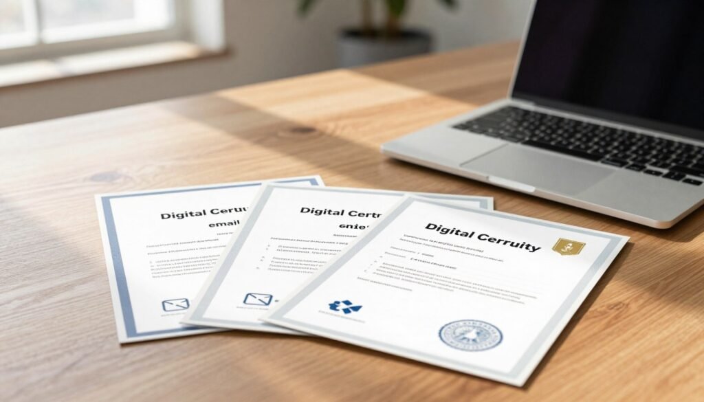 A high-resolution image depicting a close-up view of digital certificates for email, code, and document signing, arranged neatly on a clean wooden desk. In the foreground, feature three certificates displayed alongside a sleek modern laptop, emphasizing a professional setting. The middle ground should include a soft-focus background of a contemporary office environment, contrasting warm natural wood tones with cool metallic accents. Lighting is bright and natural, with sunlight streaming through a nearby window, creating a welcoming atmosphere. Use a shallow depth of field to enhance the details of the certificates, which should show intricate designs including digital seals and encrypted codes, while ensuring no text or logos are visible. The overall mood should convey security, professionalism, and technological sophistication. A high-resolution image depicting a close-up view of digital certificates for email, code, and document signing, arranged neatly on a clean wooden desk. In the foreground, feature three certificates displayed alongside a sleek modern laptop, emphasizing a professional setting. The middle ground should include a soft-focus background of a contemporary office environment, contrasting warm natural wood tones with cool metallic accents. Lighting is bright and natural, with sunlight streaming through a nearby window, creating a welcoming atmosphere. Use a shallow depth of field to enhance the details of the certificates, which should show intricate designs including digital seals and encrypted codes, while ensuring no text or logos are visible. The overall mood should convey security, professionalism, and technological sophistication.