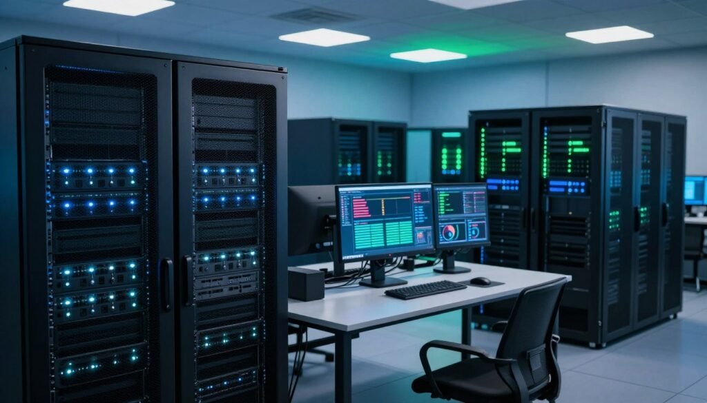 A high-tech server room showcasing a powerful VPS hosting setup. In the foreground, sleek server racks with blinking LED lights, indicating active data processing. The middle ground features a well-organized workstation with a modern computer monitor displaying vibrant graphs of resource utilization and performance metrics. In the background, softly illuminated by blue and green ambient lighting, multiple servers hum quietly, underlined by a sense of technological control and scalability. The atmosphere conveys a sense of professionalism and reliability, with a slight glow from overhead lights emphasizing the servers. A wide-angle perspective captures the comprehensive environment, drawing viewers into the advanced world of VPS hosting, blending power and sophistication seamlessly. A high-tech server room showcasing a powerful VPS hosting setup. In the foreground, sleek server racks with blinking LED lights, indicating active data processing. The middle ground features a well-organized workstation with a modern computer monitor displaying vibrant graphs of resource utilization and performance metrics. In the background, softly illuminated by blue and green ambient lighting, multiple servers hum quietly, underlined by a sense of technological control and scalability. The atmosphere conveys a sense of professionalism and reliability, with a slight glow from overhead lights emphasizing the servers. A wide-angle perspective captures the comprehensive environment, drawing viewers into the advanced world of VPS hosting, blending power and sophistication seamlessly.