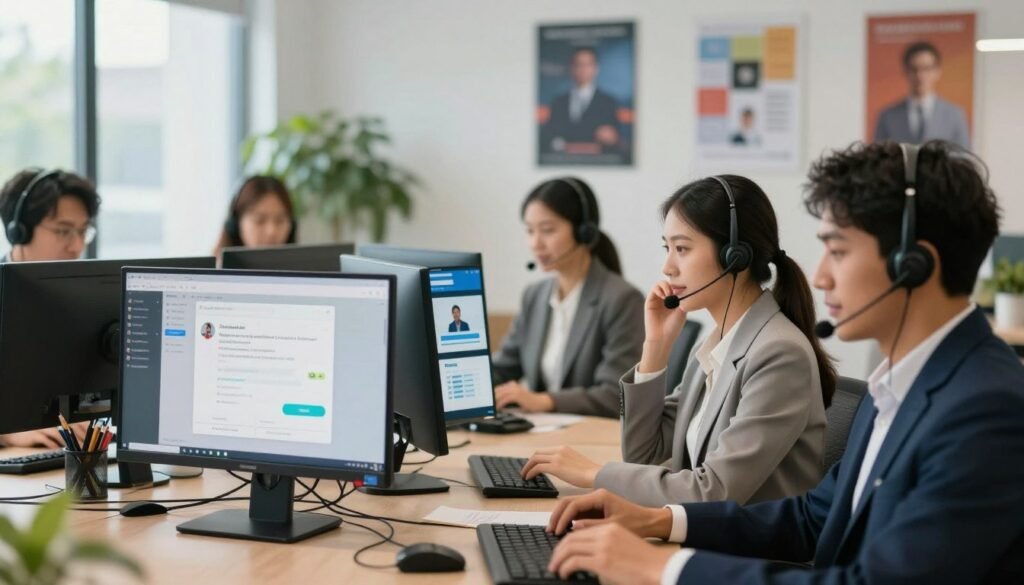 A modern and organized customer support center is set in a vibrant, well-lit office environment. In the foreground, diverse customer support agents, dressed in professional business attire, are engaged in helping clients via headsets and computers. They are focused and attentive, symbolizing dedication to customer satisfaction. In the middle ground, various digital channels of support are visually represented, such as live chat windows, phone support sections, and email notifications, creating a sense of connectivity. The background features a bright, open office layout with motivational posters on the walls and greenery for a calming atmosphere. Soft, natural lighting flows through large windows, enhancing the feeling of efficiency and approachability, while a shallow depth of field draws attention to the agents in action. The overall mood is professional yet inviting, emphasizing the importance of effective customer support. A modern and organized customer support center is set in a vibrant, well-lit office environment. In the foreground, diverse customer support agents, dressed in professional business attire, are engaged in helping clients via headsets and computers. They are focused and attentive, symbolizing dedication to customer satisfaction. In the middle ground, various digital channels of support are visually represented, such as live chat windows, phone support sections, and email notifications, creating a sense of connectivity. The background features a bright, open office layout with motivational posters on the walls and greenery for a calming atmosphere. Soft, natural lighting flows through large windows, enhancing the feeling of efficiency and approachability, while a shallow depth of field draws attention to the agents in action. The overall mood is professional yet inviting, emphasizing the importance of effective customer support.
