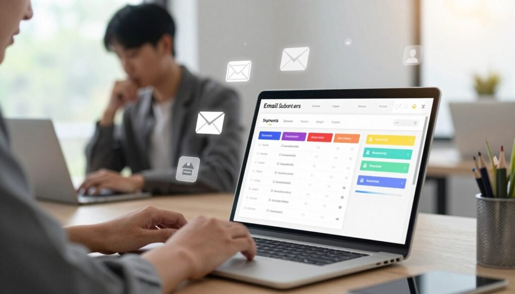 A modern and organized digital workspace depicting the management of email subscribers, tags, and segments. In the foreground, a sleek laptop displays a user-friendly dashboard with colorful tag labels and segmented lists. To the left, a professional individual in business attire carefully analyzes data on the screen, with a thoughtful expression. The middle ground features soft-focus icons for email, analytics, and user engagement floating around the laptop, representing various functionalities. The background should include a bright office setting, with soft natural light illuminating the space, creating an inviting atmosphere. The scene conveys efficiency, focus, and professionalism, ideal for illustrating the concept of subscriber management in email marketing. A modern and organized digital workspace depicting the management of email subscribers, tags, and segments. In the foreground, a sleek laptop displays a user-friendly dashboard with colorful tag labels and segmented lists. To the left, a professional individual in business attire carefully analyzes data on the screen, with a thoughtful expression. The middle ground features soft-focus icons for email, analytics, and user engagement floating around the laptop, representing various functionalities. The background should include a bright office setting, with soft natural light illuminating the space, creating an inviting atmosphere. The scene conveys efficiency, focus, and professionalism, ideal for illustrating the concept of subscriber management in email marketing.