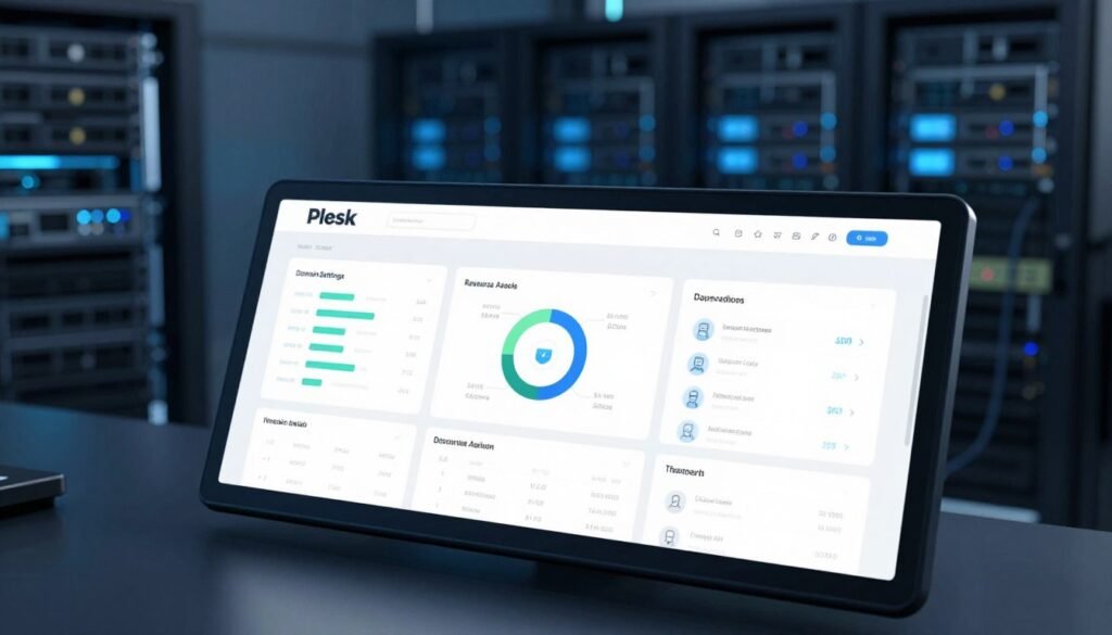 A modern control panel dashboard designed for website and domain management is at the forefront, displaying interactive charts and metrics related to server performance and website status. The dashboard features sections for domain settings, resource allocation, and user accounts, all laid out in a sleek, user-friendly interface. In the background, a softly lit server room with glowing server racks adds a technological ambiance. The lighting is cool-toned, with blue and white hues creating a professional atmosphere. Capture this scene from a slightly elevated angle to highlight the depth and functionality of the dashboard, conveying a sense of efficiency and control. The overall mood should be one of innovation and simplicity, reflecting the core benefits of Plesk server management. A modern control panel dashboard designed for website and domain management is at the forefront, displaying interactive charts and metrics related to server performance and website status. The dashboard features sections for domain settings, resource allocation, and user accounts, all laid out in a sleek, user-friendly interface. In the background, a softly lit server room with glowing server racks adds a technological ambiance. The lighting is cool-toned, with blue and white hues creating a professional atmosphere. Capture this scene from a slightly elevated angle to highlight the depth and functionality of the dashboard, conveying a sense of efficiency and control. The overall mood should be one of innovation and simplicity, reflecting the core benefits of Plesk server management.