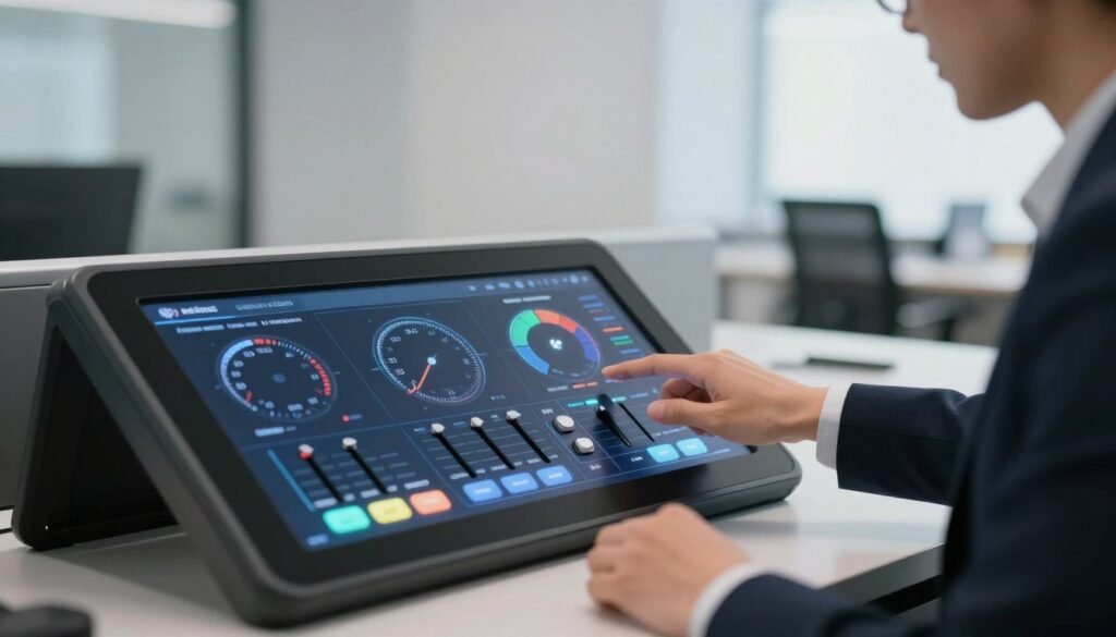 A modern control panel interface displayed on a sleek, high-resolution screen, featuring various digital gauges, sliders, and toggle switches. The foreground shows a close-up view of the control panel with vibrant colors and illuminated buttons, highlighting active features. In the middle ground, a professional individual in business attire is intently interacting with the interface, their hand poised over the touchscreen, conveying focus and expertise. The background showcases a softly blurred office environment with minimalistic design elements, creating a tech-savvy atmosphere. Soft, ambient lighting enhances the clarity of the controls, while the composition is captured at a slight angle to provide depth. A sense of ease and professionalism permeates the image, emphasizing user-friendly technology. A modern control panel interface displayed on a sleek, high-resolution screen, featuring various digital gauges, sliders, and toggle switches. The foreground shows a close-up view of the control panel with vibrant colors and illuminated buttons, highlighting active features. In the middle ground, a professional individual in business attire is intently interacting with the interface, their hand poised over the touchscreen, conveying focus and expertise. The background showcases a softly blurred office environment with minimalistic design elements, creating a tech-savvy atmosphere. Soft, ambient lighting enhances the clarity of the controls, while the composition is captured at a slight angle to provide depth. A sense of ease and professionalism permeates the image, emphasizing user-friendly technology.