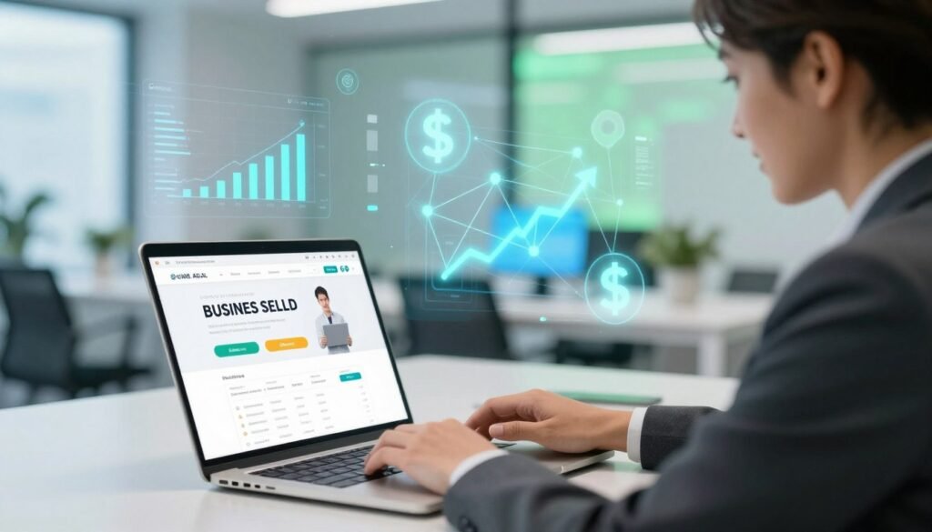 A modern digital marketplace scene showcasing the advantages of selling on online platforms. In the foreground, a confident entrepreneur in professional attire is reviewing a sleek laptop displaying a user-friendly interface of an online business portal. In the middle ground, there are visual representations of benefits, like graphs, network connections, and dollar signs, symbolizing growth and profit. The background features a bright, tech-inspired workspace with abstract digital elements and soft blue and green lighting, creating a vibrant, optimistic atmosphere. The perspective is slightly angled to evoke depth, with a focus on the entrepreneur and the laptop, illustrating the theme of online selling efficiency and success in a clean, professional setting. A modern digital marketplace scene showcasing the advantages of selling on online platforms. In the foreground, a confident entrepreneur in professional attire is reviewing a sleek laptop displaying a user-friendly interface of an online business portal. In the middle ground, there are visual representations of benefits, like graphs, network connections, and dollar signs, symbolizing growth and profit. The background features a bright, tech-inspired workspace with abstract digital elements and soft blue and green lighting, creating a vibrant, optimistic atmosphere. The perspective is slightly angled to evoke depth, with a focus on the entrepreneur and the laptop, illustrating the theme of online selling efficiency and success in a clean, professional setting.