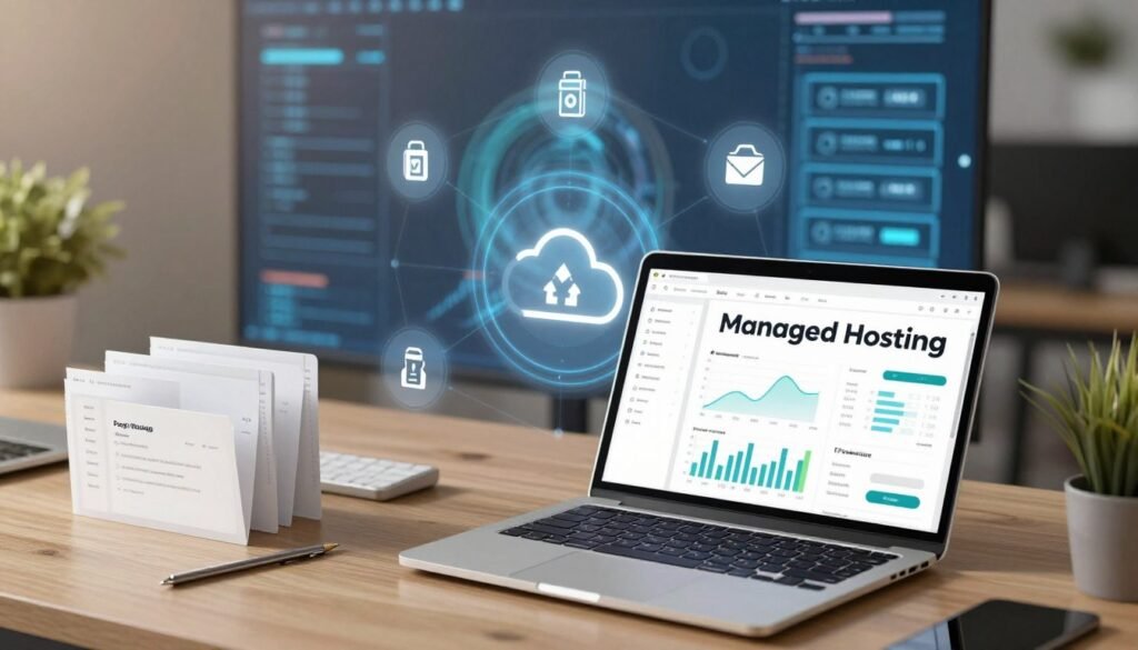 A modern digital workspace depicting the core features of managed hosting, with a focus on staging and backups. In the foreground, a sleek workstation featuring a laptop with graphs and analytics on the screen, along with organized files representing staging environments. In the middle ground, subtle visuals of cloud storage icons and backup symbols, creating an interconnectedness theme. The background showcases a digital landscape with abstract server images, hinting at robust infrastructure. Soft, warm lighting enhances the professional atmosphere, while a slight blur effect adds depth. Capture this scene from a slightly elevated angle to emphasize the comprehensive nature of managed hosting services, exuding trust and reliability. A modern digital workspace depicting the core features of managed hosting, with a focus on staging and backups. In the foreground, a sleek workstation featuring a laptop with graphs and analytics on the screen, along with organized files representing staging environments. In the middle ground, subtle visuals of cloud storage icons and backup symbols, creating an interconnectedness theme. The background showcases a digital landscape with abstract server images, hinting at robust infrastructure. Soft, warm lighting enhances the professional atmosphere, while a slight blur effect adds depth. Capture this scene from a slightly elevated angle to emphasize the comprehensive nature of managed hosting services, exuding trust and reliability.