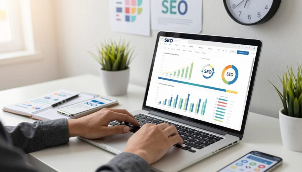 A modern digital workspace filled with analytical tools for a website site audit and technical SEO analysis. In the foreground, display a high-resolution laptop screen showcasing intricate graphs, charts, and website performance metrics. A pair of professional business attire-clad hands can be seen typing on the keyboard, highlighting engagement with the data. In the middle ground, depict an organized desk with a notepad featuring SEO strategies, a smartphone displaying SEO applications, and a potted plant for a touch of life. The background should feature a soft-focus wall adorned with SEO infographics and a sleek digital clock, creating a worklight atmosphere. Utilize natural lighting to give a warm glow to the scene, with a slight overhead perspective to capture the full workspace. The mood is focused and professional, emphasizing the importance of effective SEO strategies. A modern digital workspace filled with analytical tools for a website site audit and technical SEO analysis. In the foreground, display a high-resolution laptop screen showcasing intricate graphs, charts, and website performance metrics. A pair of professional business attire-clad hands can be seen typing on the keyboard, highlighting engagement with the data. In the middle ground, depict an organized desk with a notepad featuring SEO strategies, a smartphone displaying SEO applications, and a potted plant for a touch of life. The background should feature a soft-focus wall adorned with SEO infographics and a sleek digital clock, creating a worklight atmosphere. Utilize natural lighting to give a warm glow to the scene, with a slight overhead perspective to capture the full workspace. The mood is focused and professional, emphasizing the importance of effective SEO strategies.