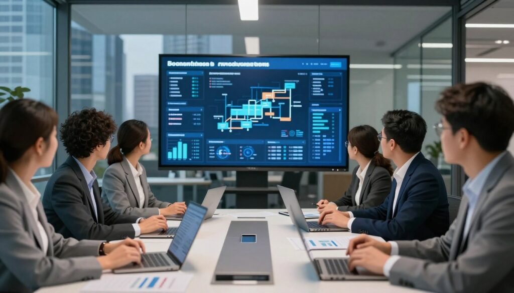 A modern office environment focusing on process improvement and compliance enhancement. In the foreground, a diverse group of professional individuals in business attire, engaged in a collaborative meeting around a sleek conference table covered with charts and digital devices. In the middle ground, a large digital screen displays visual data analytics and workflow diagrams. The background features a glass wall overlooking a bustling city skyline, symbolizing growth and connectivity. Soft, ambient lighting creates a productive atmosphere, while a slight lens blur adds depth to the scene. The overall mood conveys innovation, teamwork, and the pursuit of excellence in business operations. A modern office environment focusing on process improvement and compliance enhancement. In the foreground, a diverse group of professional individuals in business attire, engaged in a collaborative meeting around a sleek conference table covered with charts and digital devices. In the middle ground, a large digital screen displays visual data analytics and workflow diagrams. The background features a glass wall overlooking a bustling city skyline, symbolizing growth and connectivity. Soft, ambient lighting creates a productive atmosphere, while a slight lens blur adds depth to the scene. The overall mood conveys innovation, teamwork, and the pursuit of excellence in business operations.