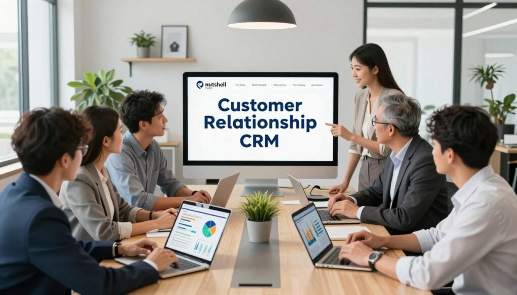 A modern office environment illustrating the core benefits of a Customer Relationship Management (CRM) system. In the foreground, a diverse group of professionals in business attire are engaged in a collaborative discussion, with laptops and digital tablets displaying colorful graphs and charts. The middle ground features an elegant conference table surrounded by modern office decor, including plants and motivational artwork. In the background, large windows provide natural light, creating a bright and inviting atmosphere. The image captures a sense of productivity and teamwork, highlighting innovation and efficiency in customer relationship management. The overall mood is optimistic and professional, emphasizing the advantages of using Nutshell.com for effective client management. A modern office environment illustrating the core benefits of a Customer Relationship Management (CRM) system. In the foreground, a diverse group of professionals in business attire are engaged in a collaborative discussion, with laptops and digital tablets displaying colorful graphs and charts. The middle ground features an elegant conference table surrounded by modern office decor, including plants and motivational artwork. In the background, large windows provide natural light, creating a bright and inviting atmosphere. The image captures a sense of productivity and teamwork, highlighting innovation and efficiency in customer relationship management. The overall mood is optimistic and professional, emphasizing the advantages of using Nutshell.com for effective client management.