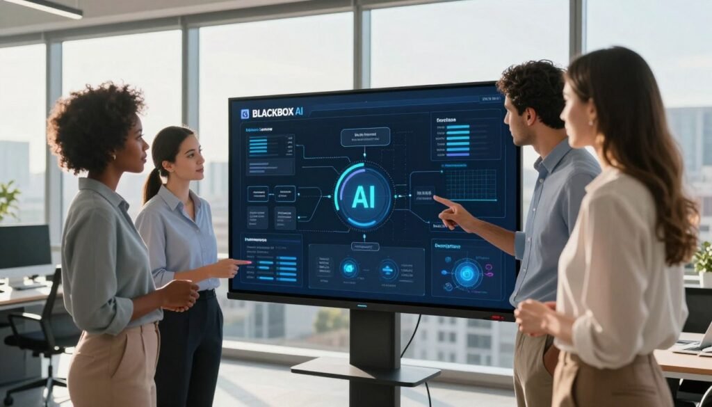 A modern office environment showcasing a business application walkthrough for BLACKBOX AI. In the foreground, a diverse group of three professionals—a Black woman and a Hispanic man in business attire, and a Caucasian woman in smart casual clothing—collaborate around a sleek, high-tech touchscreen display. The middle area features digital flowcharts and AI data analytics visualizations projected onto the screen, illustrating the practical use of AI in business processes. The background includes a large window with a cityscape view, bathed in natural sunlight, creating a bright and inviting atmosphere. The scene captures a focused, innovative, and collaborative mood, emphasizing the power of technology in modern business. The lighting is warm and professional, with soft shadows enhancing depth. A slight angle gives a dynamic perspective to the interaction around the screen. A modern office environment showcasing a business application walkthrough for BLACKBOX AI. In the foreground, a diverse group of three professionals—a Black woman and a Hispanic man in business attire, and a Caucasian woman in smart casual clothing—collaborate around a sleek, high-tech touchscreen display. The middle area features digital flowcharts and AI data analytics visualizations projected onto the screen, illustrating the practical use of AI in business processes. The background includes a large window with a cityscape view, bathed in natural sunlight, creating a bright and inviting atmosphere. The scene captures a focused, innovative, and collaborative mood, emphasizing the power of technology in modern business. The lighting is warm and professional, with soft shadows enhancing depth. A slight angle gives a dynamic perspective to the interaction around the screen.