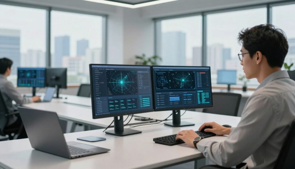 A modern office environment showcasing remote monitoring and management, focusing on a sleek computer setup with multiple monitors displaying network analytics and system diagnostics. In the foreground, a business professional in smart casual attire is intently analyzing data on the screens. The middle ground features a contemporary conference table with digital devices, enhancing a sense of advanced technology. In the background, a large window reveals a city skyline, conveying the connection between business and technology. The lighting is bright and airy, with natural light streaming in, complemented by soft artificial lighting, creating an efficient and collaborative atmosphere. The overall mood is one of professionalism and innovation, with an emphasis on remote IT management capabilities. A modern office environment showcasing remote monitoring and management, focusing on a sleek computer setup with multiple monitors displaying network analytics and system diagnostics. In the foreground, a business professional in smart casual attire is intently analyzing data on the screens. The middle ground features a contemporary conference table with digital devices, enhancing a sense of advanced technology. In the background, a large window reveals a city skyline, conveying the connection between business and technology. The lighting is bright and airy, with natural light streaming in, complemented by soft artificial lighting, creating an efficient and collaborative atmosphere. The overall mood is one of professionalism and innovation, with an emphasis on remote IT management capabilities.
