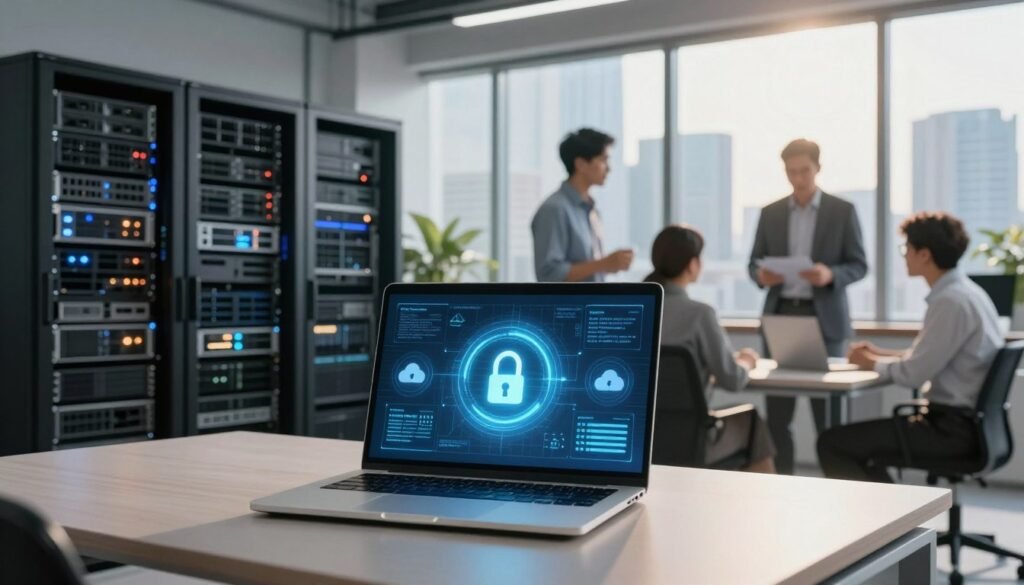 A modern office environment showcasing the concept of "Security, Backups, and Site Reliability". In the foreground, a sleek laptop displays a visual representation of data protection, with lock and cloud symbols glowing. In the middle ground, a server rack filled with illuminated devices signifies robust backup systems, while a professional, diverse team of people in business attire collaborates nearby, discussing strategies. The background features a large window with a city skyline, allowing natural light to brighten the space and create a vibrant atmosphere. The overall mood is one of professionalism, focus, and technological reliability, highlighting the importance of security in digital environments. Use soft, warm lighting to enhance the inviting and secure feel of the scene. A modern office environment showcasing the concept of "Security, Backups, and Site Reliability". In the foreground, a sleek laptop displays a visual representation of data protection, with lock and cloud symbols glowing. In the middle ground, a server rack filled with illuminated devices signifies robust backup systems, while a professional, diverse team of people in business attire collaborates nearby, discussing strategies. The background features a large window with a city skyline, allowing natural light to brighten the space and create a vibrant atmosphere. The overall mood is one of professionalism, focus, and technological reliability, highlighting the importance of security in digital environments. Use soft, warm lighting to enhance the inviting and secure feel of the scene.