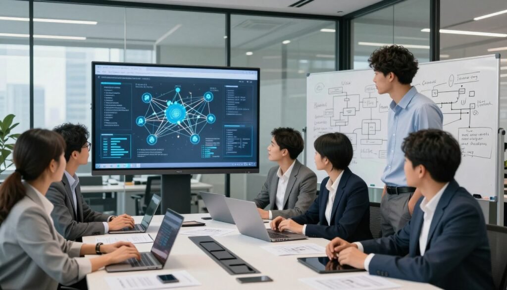 A modern office environment showcasing the custom network solution development process. In the foreground, a diverse group of professionals, dressed in smart business attire, collaboratively analyzing network diagrams on a large digital screen. Their expressions are focused and engaged, indicating teamwork. In the middle, a sleek conference table cluttered with laptops, tablets, and technical drawings, with a large whiteboard filled with strategic notes and flowcharts. The background features glass walls and city skyline views, conveying a sense of innovation and forward-thinking. Soft, natural lighting filters in through the windows, creating a bright and optimistic ambiance. The overall mood is professional and dynamic, highlighting collaboration and cutting-edge technology in network solutions. A modern office environment showcasing the custom network solution development process. In the foreground, a diverse group of professionals, dressed in smart business attire, collaboratively analyzing network diagrams on a large digital screen. Their expressions are focused and engaged, indicating teamwork. In the middle, a sleek conference table cluttered with laptops, tablets, and technical drawings, with a large whiteboard filled with strategic notes and flowcharts. The background features glass walls and city skyline views, conveying a sense of innovation and forward-thinking. Soft, natural lighting filters in through the windows, creating a bright and optimistic ambiance. The overall mood is professional and dynamic, highlighting collaboration and cutting-edge technology in network solutions.