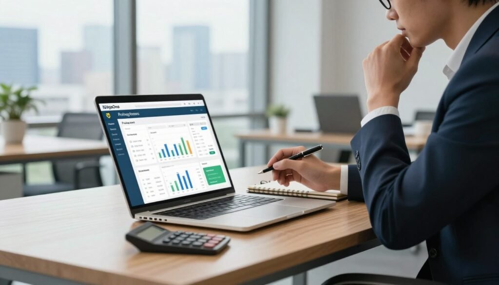 A modern office setting depicting a professional workspace focused on IT management costs. In the foreground, a sleek wooden desk with a laptop displaying NinjaOne pricing plans and analytics, alongside a notepad and a calculator. In the middle, a business professional in smart attire, thoughtfully analyzing the data on the laptop, pen in hand, looking focused and engaged. The background features a large window with a city skyline view, allowing natural light to stream in, enhancing the atmosphere of professionalism and clarity. Soft, diffused lighting to create an inviting, productive mood. The overall tone is one of careful consideration and decision-making in IT management. A modern office setting depicting a professional workspace focused on IT management costs. In the foreground, a sleek wooden desk with a laptop displaying NinjaOne pricing plans and analytics, alongside a notepad and a calculator. In the middle, a business professional in smart attire, thoughtfully analyzing the data on the laptop, pen in hand, looking focused and engaged. The background features a large window with a city skyline view, allowing natural light to stream in, enhancing the atmosphere of professionalism and clarity. Soft, diffused lighting to create an inviting, productive mood. The overall tone is one of careful consideration and decision-making in IT management.