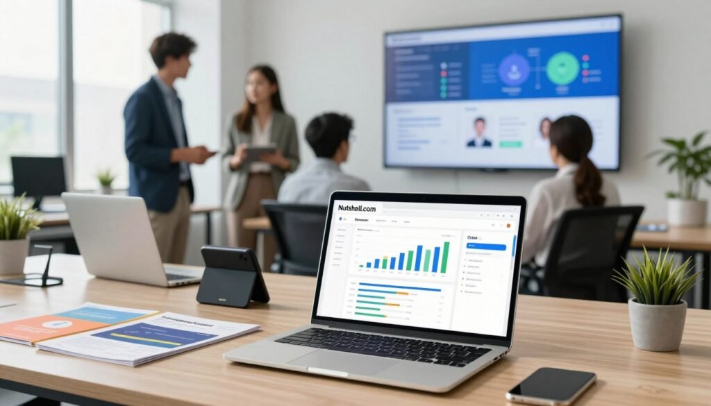 A modern office setting showcasing integrated marketing tools within a CRM system. In the foreground, a sleek laptop displays Nutshell.com's dashboard with vibrant graphs and analytics, surrounded by marketing materials like colorful brochures and digital devices. The middle ground features professionals in business attire discussing strategies, emphasizing collaboration and innovation. A large wall-mounted screen shows real-time data visualizations and customer interactions. The background contains modern office decor, with large windows letting in natural light, creating a bright and dynamic atmosphere. The overall mood is productive and forward-thinking, highlighting the efficiency and integration of marketing tools in customer relationship management. Soft focus on the background enhances the clarity of the foreground elements. A modern office setting showcasing integrated marketing tools within a CRM system. In the foreground, a sleek laptop displays Nutshell.com's dashboard with vibrant graphs and analytics, surrounded by marketing materials like colorful brochures and digital devices. The middle ground features professionals in business attire discussing strategies, emphasizing collaboration and innovation. A large wall-mounted screen shows real-time data visualizations and customer interactions. The background contains modern office decor, with large windows letting in natural light, creating a bright and dynamic atmosphere. The overall mood is productive and forward-thinking, highlighting the efficiency and integration of marketing tools in customer relationship management. Soft focus on the background enhances the clarity of the foreground elements.
