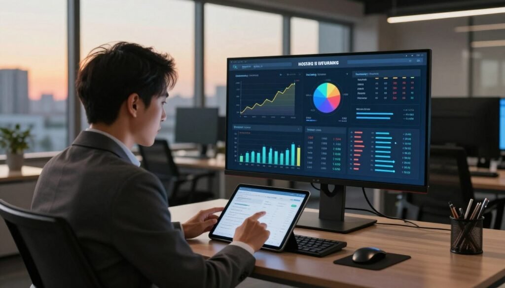 A modern office workspace showcasing a sleek digital dashboard displaying performance and reliability testing results. In the foreground, a well-dressed business professional is analyzing data on a tablet, deeply focused. The middle ground features a large monitor with colorful graphs and charts representing uptime, loading speed, and server response metrics. Soft, ambient lighting casts a warm glow, emphasizing a productive atmosphere. In the background, large windows reveal a cityscape during sunset, adding to the professional environment. The mood is one of efficiency and determination, highlighting the importance of evaluating hosting performance. The image should be sharp and clear, shot with a wide-angle lens to encompass all details. A modern office workspace showcasing a sleek digital dashboard displaying performance and reliability testing results. In the foreground, a well-dressed business professional is analyzing data on a tablet, deeply focused. The middle ground features a large monitor with colorful graphs and charts representing uptime, loading speed, and server response metrics. Soft, ambient lighting casts a warm glow, emphasizing a productive atmosphere. In the background, large windows reveal a cityscape during sunset, adding to the professional environment. The mood is one of efficiency and determination, highlighting the importance of evaluating hosting performance. The image should be sharp and clear, shot with a wide-angle lens to encompass all details.