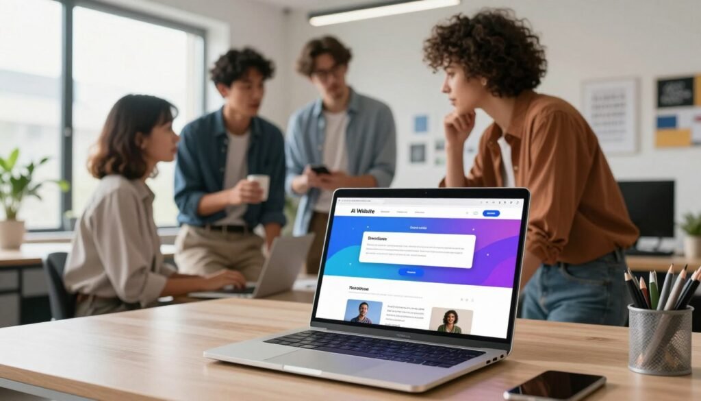 A modern, sleek workspace showcasing an AI website builder in action. In the foreground, a high-tech laptop is open, displaying a colorful, dynamic website being generated from a simple text prompt, with visual elements like buttons, images, and sections dynamically appearing. The middle layer features a diverse team of three professionals—one man and two women—dressed in smart casual attire, gathered around the laptop, engaged in thoughtful discussion. The background reveals a bright, well-lit office environment with creative design elements, plants, and inspirational quotes on the walls. Soft, natural lighting filters through large windows, creating an inviting atmosphere that emphasizes innovation and collaboration. The scene conveys a sense of excitement and potential in website creation. A modern, sleek workspace showcasing an AI website builder in action. In the foreground, a high-tech laptop is open, displaying a colorful, dynamic website being generated from a simple text prompt, with visual elements like buttons, images, and sections dynamically appearing. The middle layer features a diverse team of three professionals—one man and two women—dressed in smart casual attire, gathered around the laptop, engaged in thoughtful discussion. The background reveals a bright, well-lit office environment with creative design elements, plants, and inspirational quotes on the walls. Soft, natural lighting filters through large windows, creating an inviting atmosphere that emphasizes innovation and collaboration. The scene conveys a sense of excitement and potential in website creation.
