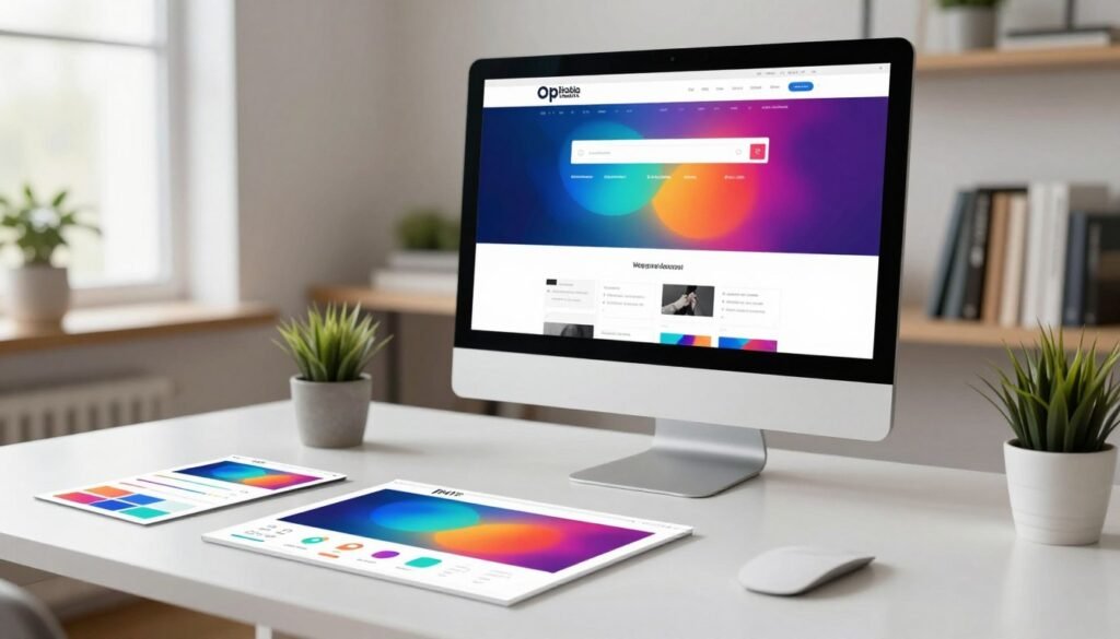 A modern website builder template library displayed on a sleek, contemporary workspace. In the foreground, colorful UI blocks of varying sizes and shapes, representing different sections of a website, are spread across a clean, minimalist desk. In the middle ground, a large computer monitor showcases a vibrant website design interface, with drag-and-drop features and customization options visible. The background features a soft-focus view of shelves lined with design books and greenery, creating a professional and inviting atmosphere. Soft natural lighting pours in through a nearby window, enhancing the creative mood. The perspective is slightly angled to give depth, capturing the essential tools for building websites. The overall feel is inspiring and focused on design flexibility and customization. A modern website builder template library displayed on a sleek, contemporary workspace. In the foreground, colorful UI blocks of varying sizes and shapes, representing different sections of a website, are spread across a clean, minimalist desk. In the middle ground, a large computer monitor showcases a vibrant website design interface, with drag-and-drop features and customization options visible. The background features a soft-focus view of shelves lined with design books and greenery, creating a professional and inviting atmosphere. Soft natural lighting pours in through a nearby window, enhancing the creative mood. The perspective is slightly angled to give depth, capturing the essential tools for building websites. The overall feel is inspiring and focused on design flexibility and customization.