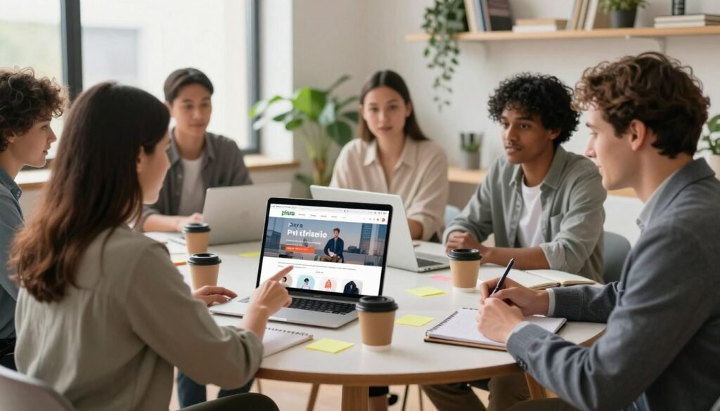 A modern workspace featuring a diverse group of professionals engaged in a collaborative review session about a website-building platform. In the foreground, a woman in smart casual attire is pointing at a laptop screen displaying a user-friendly Pixpa portfolio website, while a man in a blazer takes notes on a notepad, expressing interest. In the middle, a round table with colorful sticky notes and coffee cups creates a casual yet productive atmosphere. The background showcases a bright, airy office with large windows letting in natural light, plants adding a touch of green, and shelves lined with design books. The overall mood is optimistic and inspiring, emphasizing teamwork and insights gathered from real user experiences. Soft lighting enhances warmth and approachability throughout the scene. A modern workspace featuring a diverse group of professionals engaged in a collaborative review session about a website-building platform. In the foreground, a woman in smart casual attire is pointing at a laptop screen displaying a user-friendly Pixpa portfolio website, while a man in a blazer takes notes on a notepad, expressing interest. In the middle, a round table with colorful sticky notes and coffee cups creates a casual yet productive atmosphere. The background showcases a bright, airy office with large windows letting in natural light, plants adding a touch of green, and shelves lined with design books. The overall mood is optimistic and inspiring, emphasizing teamwork and insights gathered from real user experiences. Soft lighting enhances warmth and approachability throughout the scene.