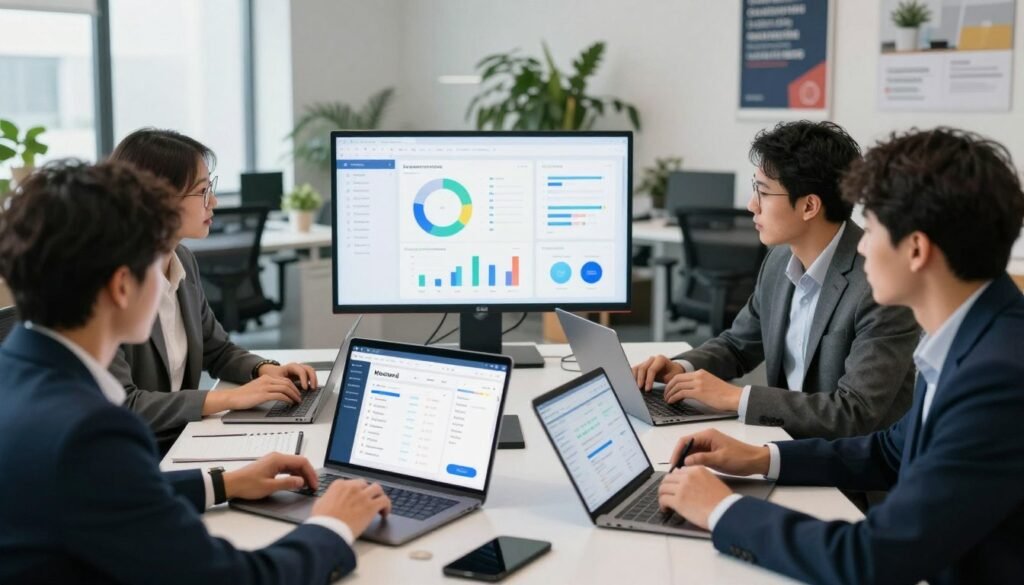 A modern workspace featuring automation marketing tools, with a focus on sleek digital devices like laptops and tablets displaying analytics dashboards and email campaigns. In the foreground, a professional, diverse team of individuals dressed in smart business attire collaborates around a conference table, engaged in discussion. The middle ground showcases charts and graphs on a large screen, illustrating the power of automation in email marketing. The background reveals a bright, open office filled with greenery and motivational posters. Soft, natural light floods the space, creating a productive and inspiring atmosphere. The angle is slightly overhead, giving a sense of dynamics and teamwork, while keeping the focus on the technologies that drive Moosend's marketing solutions. A modern workspace featuring automation marketing tools, with a focus on sleek digital devices like laptops and tablets displaying analytics dashboards and email campaigns. In the foreground, a professional, diverse team of individuals dressed in smart business attire collaborates around a conference table, engaged in discussion. The middle ground showcases charts and graphs on a large screen, illustrating the power of automation in email marketing. The background reveals a bright, open office filled with greenery and motivational posters. Soft, natural light floods the space, creating a productive and inspiring atmosphere. The angle is slightly overhead, giving a sense of dynamics and teamwork, while keeping the focus on the technologies that drive Moosend's marketing solutions.