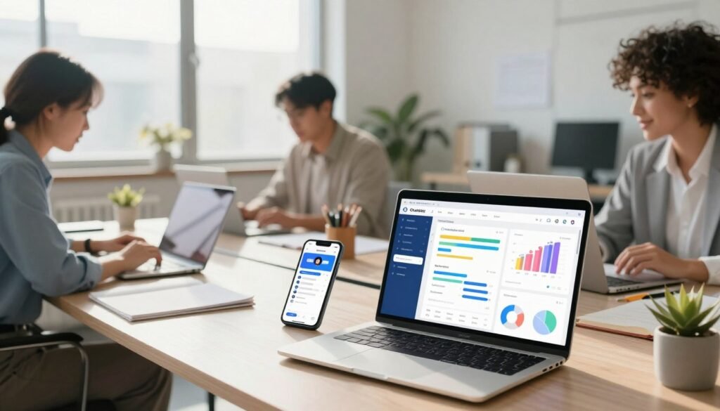 A modern workspace showcasing growth tools for chatbot marketing automation. In the foreground, a sleek laptop displays a vibrant dashboard illustrating broadcasts and sequences with colorful graphs and analytics. Beside it, a smartphone shows a chatbot interface, emphasizing user engagement. In the middle ground, dedicated professionals in business attire collaborate over notes and digital devices, discussing strategies. The background features a bright, inviting office with large windows that allow natural sunlight to filter in, creating a warm and productive atmosphere. Use a wide-angle lens perspective to capture the lively interaction and teamwork, enhancing the mood of innovation and growth. Emphasize soft, natural lighting to bring a sense of clarity and focus to the scene. A modern workspace showcasing growth tools for chatbot marketing automation. In the foreground, a sleek laptop displays a vibrant dashboard illustrating broadcasts and sequences with colorful graphs and analytics. Beside it, a smartphone shows a chatbot interface, emphasizing user engagement. In the middle ground, dedicated professionals in business attire collaborate over notes and digital devices, discussing strategies. The background features a bright, inviting office with large windows that allow natural sunlight to filter in, creating a warm and productive atmosphere. Use a wide-angle lens perspective to capture the lively interaction and teamwork, enhancing the mood of innovation and growth. Emphasize soft, natural lighting to bring a sense of clarity and focus to the scene.