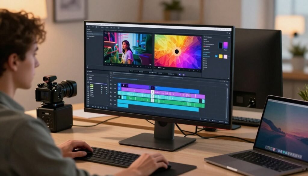 A modern workspace with a sleek digital video editing setup featuring a large monitor displaying a video editing timeline with vibrant clips. The foreground includes a focused young professional in smart casual attire, using a mouse, with a look of concentration. In the middle, a vibrant array of editing features is illustrated on the screen, such as drag-and-drop options, auto-sync audio, and one-click filters, glowing softly to highlight their functionality. The background shows additional tech tools like a camera and a laptop, bathed in warm, inviting lighting to create a productive atmosphere. The angle is slightly tilted to capture both the editor and the screen, conveying a sense of efficiency and creativity in a contemporary digital workspace. A modern workspace with a sleek digital video editing setup featuring a large monitor displaying a video editing timeline with vibrant clips. The foreground includes a focused young professional in smart casual attire, using a mouse, with a look of concentration. In the middle, a vibrant array of editing features is illustrated on the screen, such as drag-and-drop options, auto-sync audio, and one-click filters, glowing softly to highlight their functionality. The background shows additional tech tools like a camera and a laptop, bathed in warm, inviting lighting to create a productive atmosphere. The angle is slightly tilted to capture both the editor and the screen, conveying a sense of efficiency and creativity in a contemporary digital workspace.