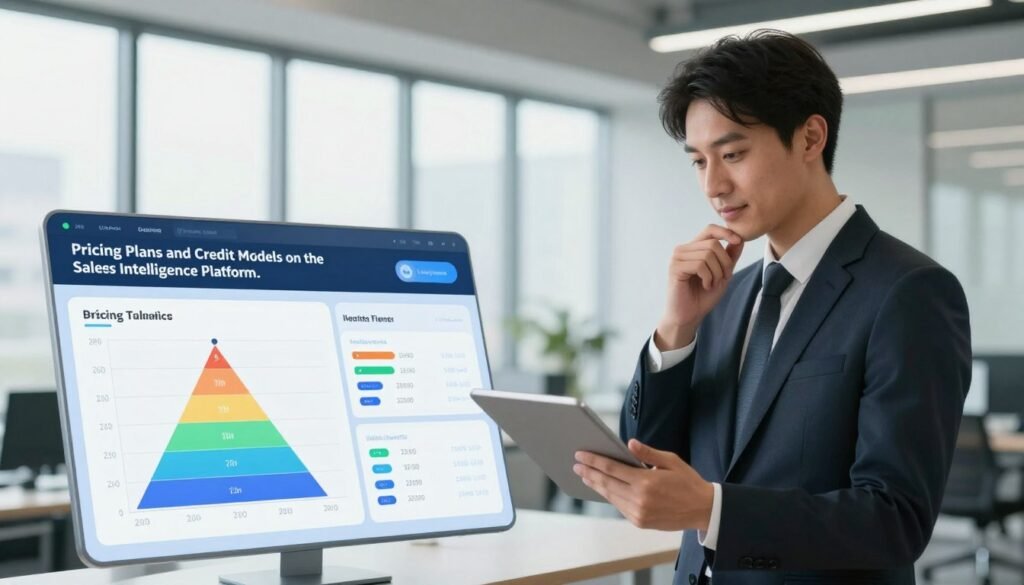 A professional and modern illustration representing “Pricing Plans and Credit Models on the Lusha Sales Intelligence Platform.” In the foreground, feature a sleek digital interface displaying charts and graphs that indicate various pricing tiers and credit offerings. In the middle, showcase a confident business professional in a suit, reviewing the data on a tablet with thoughtful expression. The background should depict a modern office space with large windows allowing natural light to flood in, creating a bright and optimistic atmosphere. Utilize a soft focus lens to create depth and highlight the interface. The mood should be empowering and tech-savvy, perfect for a sales-oriented theme. Ensure the overall composition is clean and polished, with no text or overlays. A professional and modern illustration representing “Pricing Plans and Credit Models on the Lusha Sales Intelligence Platform.” In the foreground, feature a sleek digital interface displaying charts and graphs that indicate various pricing tiers and credit offerings. In the middle, showcase a confident business professional in a suit, reviewing the data on a tablet with thoughtful expression. The background should depict a modern office space with large windows allowing natural light to flood in, creating a bright and optimistic atmosphere. Utilize a soft focus lens to create depth and highlight the interface. The mood should be empowering and tech-savvy, perfect for a sales-oriented theme. Ensure the overall composition is clean and polished, with no text or overlays.