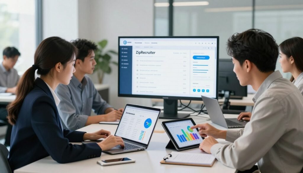 A professional and modern office environment featuring a diverse group of people working together at a sleek, contemporary table. In the foreground, there is a woman in a business suit, analyzing job market data on a laptop, while a man beside her points at a colorful graph on a tablet. In the middle ground, a large screen displays the ZipRecruiter interface with job listings and statistics. The background shows a bright and airy office space with large windows, allowing natural light to flood in, creating an optimistic atmosphere. Soft shadows from indoor plants add depth to the scene. The overall mood is focused yet collaborative, highlighting the pros and cons of using online job platforms like ZipRecruiter. A professional and modern office environment featuring a diverse group of people working together at a sleek, contemporary table. In the foreground, there is a woman in a business suit, analyzing job market data on a laptop, while a man beside her points at a colorful graph on a tablet. In the middle ground, a large screen displays the ZipRecruiter interface with job listings and statistics. The background shows a bright and airy office space with large windows, allowing natural light to flood in, creating an optimistic atmosphere. Soft shadows from indoor plants add depth to the scene. The overall mood is focused yet collaborative, highlighting the pros and cons of using online job platforms like ZipRecruiter.