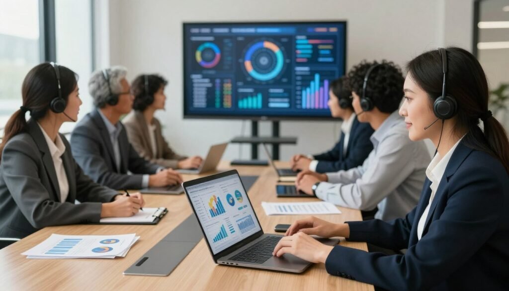 A professional office environment depicting a diverse group of business individuals engaged in a customer support analysis meeting. Foreground: A confident female analyst of Asian descent, wearing business attire, observing data on a laptop with charts and graphs representing service reliability metrics. Middle: A large conference table surrounded by professionals of different ethnicities discussing ideas, all dressed in smart business attire, with tablets and documents showcasing key statistics. Background: A large screen displaying visual data analytics, glowing softly. The atmosphere is collaborative and focused, with warm, natural lighting filtering through large windows, casting gentle shadows. The lens focus captures the intense concentration on the faces, blending professionalism with the vibrancy of teamwork. A professional office environment depicting a diverse group of business individuals engaged in a customer support analysis meeting. Foreground: A confident female analyst of Asian descent, wearing business attire, observing data on a laptop with charts and graphs representing service reliability metrics. Middle: A large conference table surrounded by professionals of different ethnicities discussing ideas, all dressed in smart business attire, with tablets and documents showcasing key statistics. Background: A large screen displaying visual data analytics, glowing softly. The atmosphere is collaborative and focused, with warm, natural lighting filtering through large windows, casting gentle shadows. The lens focus captures the intense concentration on the faces, blending professionalism with the vibrancy of teamwork.