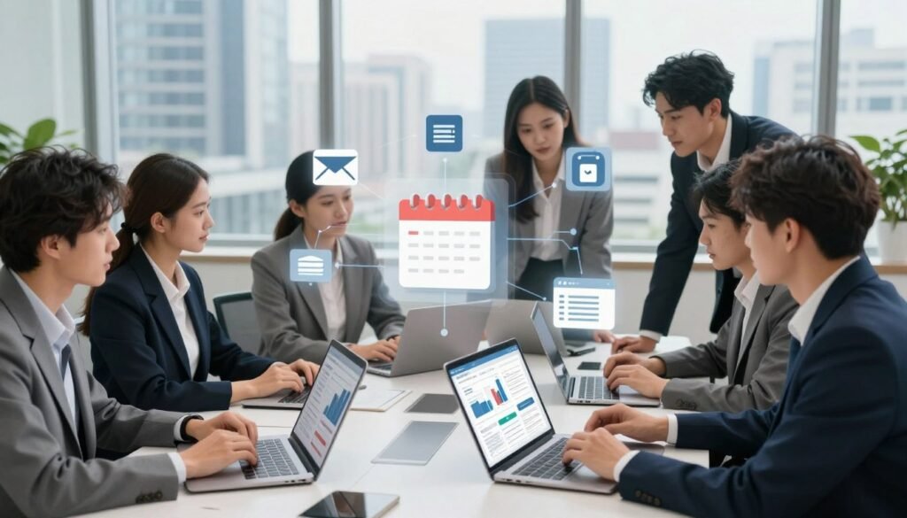 A professional office environment depicting the integration of various tools within a CRM system. In the foreground, a diverse group of business professionals, dressed in smart business attire, are engaged in a collaborative discussion around a high-tech table with laptops and tablets displaying graphs and flowcharts. In the middle ground, visuals of interconnected software icons, such as email, calendar, and project management tools, subtly blend into the scene. The background features large windows showcasing a modern city skyline, with soft natural light illuminating the workspace. The atmosphere is dynamic and engaging, with a sense of innovation and teamwork, capturing the essence of efficient integration in customer relationship management. The angle is slightly elevated, giving a comprehensive view of the workspace and tools in action. A professional office environment depicting the integration of various tools within a CRM system. In the foreground, a diverse group of business professionals, dressed in smart business attire, are engaged in a collaborative discussion around a high-tech table with laptops and tablets displaying graphs and flowcharts. In the middle ground, visuals of interconnected software icons, such as email, calendar, and project management tools, subtly blend into the scene. The background features large windows showcasing a modern city skyline, with soft natural light illuminating the workspace. The atmosphere is dynamic and engaging, with a sense of innovation and teamwork, capturing the essence of efficient integration in customer relationship management. The angle is slightly elevated, giving a comprehensive view of the workspace and tools in action.