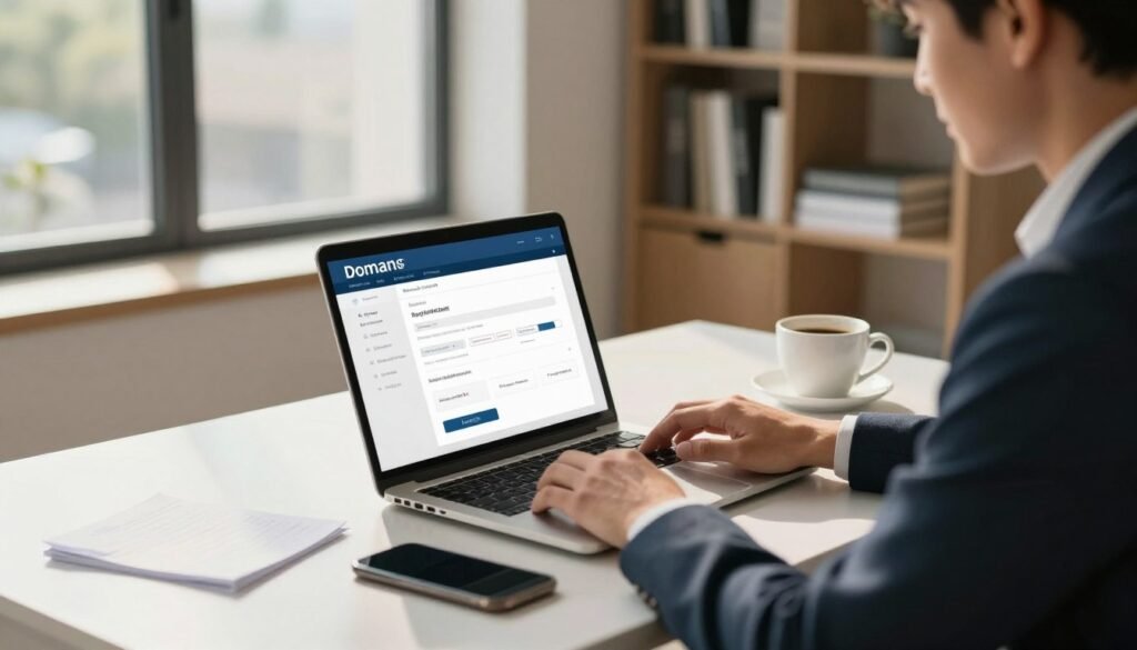 A professional office environment, dominated by a sleek modern desk adorned with a laptop displaying domain registration interfaces. In the foreground, a well-dressed business person, focused and intent, is analyzing domain options on the screen. On the desk, there are neatly arranged notes, a smartphone, and a cup of coffee, suggesting a productive atmosphere. The middle ground features a large window with natural light streaming in, casting soft shadows across the room. In the background, a stylish bookshelf filled with tech and business books enhances the ambiance of expertise and knowledge. The overall mood is professional and insightful, with warm colors and soft lighting to create a welcoming and engaging atmosphere. The perspective is slightly angled, emphasizing the interaction with technology in the domain registration process. A professional office environment, dominated by a sleek modern desk adorned with a laptop displaying domain registration interfaces. In the foreground, a well-dressed business person, focused and intent, is analyzing domain options on the screen. On the desk, there are neatly arranged notes, a smartphone, and a cup of coffee, suggesting a productive atmosphere. The middle ground features a large window with natural light streaming in, casting soft shadows across the room. In the background, a stylish bookshelf filled with tech and business books enhances the ambiance of expertise and knowledge. The overall mood is professional and insightful, with warm colors and soft lighting to create a welcoming and engaging atmosphere. The perspective is slightly angled, emphasizing the interaction with technology in the domain registration process.