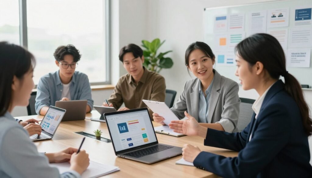 A professional office setting with a diverse group of individuals engaged in a collaborative discussion about user feedback. In the foreground, a woman in a smart blazer gestures towards a laptop displaying a website design on the screen. The middle ground features a man taking notes on a notepad, while another person, wearing glasses, is analyzing data on a tablet. The background includes a bright, modern workspace with large windows allowing natural light to flood in, plants in the corners, and whiteboards filled with ideas and feedback. The overall mood is positive and dynamic, emphasizing teamwork and constructive dialogue, filmed with a wide-angle lens to capture the depth of the space. A professional office setting with a diverse group of individuals engaged in a collaborative discussion about user feedback. In the foreground, a woman in a smart blazer gestures towards a laptop displaying a website design on the screen. The middle ground features a man taking notes on a notepad, while another person, wearing glasses, is analyzing data on a tablet. The background includes a bright, modern workspace with large windows allowing natural light to flood in, plants in the corners, and whiteboards filled with ideas and feedback. The overall mood is positive and dynamic, emphasizing teamwork and constructive dialogue, filmed with a wide-angle lens to capture the depth of the space.