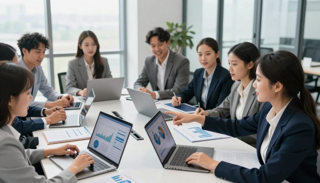 A professional setting depicting a diverse team of business professionals collaborating around a large table filled with laptops, charts, and client data. In the foreground, a focused woman in a smart business attire points at a digital display showcasing analytics on lead generation strategies. The middle ground shows other team members engaged in discussion, taking notes, and using tablets. The background reveals a modern office with large windows, allowing natural light to illuminate the space, creating a bright, optimistic atmosphere. The overall mood should be one of innovation and teamwork, emphasizing strategies for improving lead generation. Use a wide-angle lens to capture the essence of collaboration and insight. A professional setting depicting a diverse team of business professionals collaborating around a large table filled with laptops, charts, and client data. In the foreground, a focused woman in a smart business attire points at a digital display showcasing analytics on lead generation strategies. The middle ground shows other team members engaged in discussion, taking notes, and using tablets. The background reveals a modern office with large windows, allowing natural light to illuminate the space, creating a bright, optimistic atmosphere. The overall mood should be one of innovation and teamwork, emphasizing strategies for improving lead generation. Use a wide-angle lens to capture the essence of collaboration and insight.