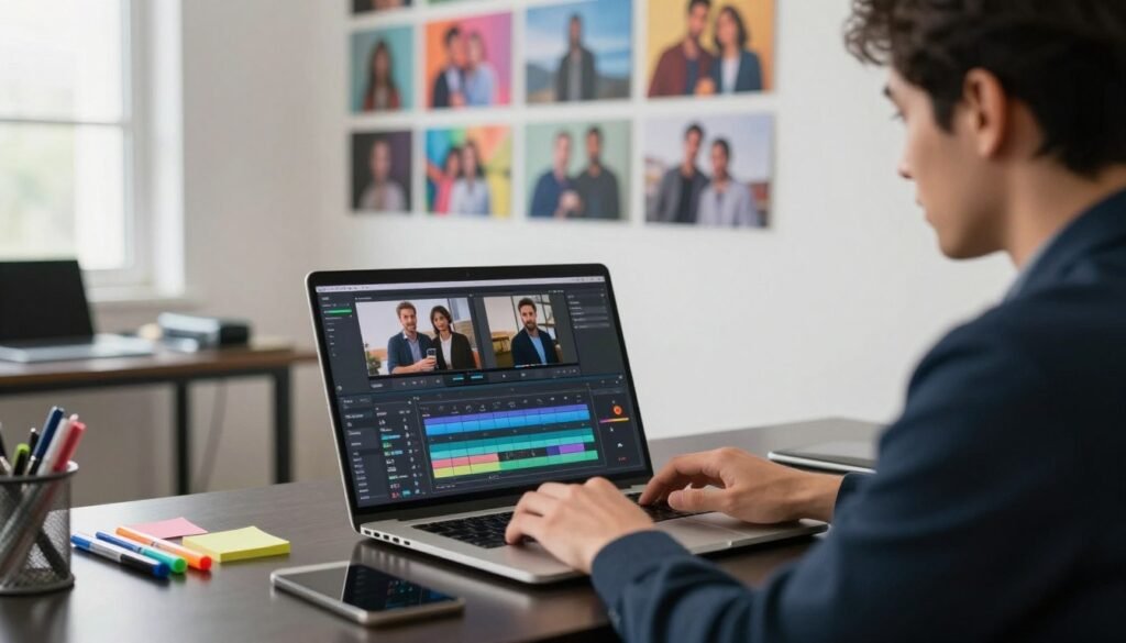 A professional video editor sits at a sleek desk, intently focused on a laptop screen displaying an engaging video editing interface. In the foreground, a variety of editing tools and icons are thoughtfully arranged on the screen, showcasing functions like trimming, color correction, and subtitle addition. The editor, dressed in smart business attire, looks engaged, reflecting a collaborative working environment. In the middle ground, the workspace is neatly organized with colorful markers and post-it notes, embodying a creative atmosphere. In the background, a wall of vibrant video stills hangs, illustrating various use cases like marketing, testimonials, and social media clips. Soft, natural lighting filters through a nearby window, creating an inviting ambiance that encourages productivity and inspiration. The overall mood is dynamic yet professional, aimed at the spirit of innovation in video editing. A professional video editor sits at a sleek desk, intently focused on a laptop screen displaying an engaging video editing interface. In the foreground, a variety of editing tools and icons are thoughtfully arranged on the screen, showcasing functions like trimming, color correction, and subtitle addition. The editor, dressed in smart business attire, looks engaged, reflecting a collaborative working environment. In the middle ground, the workspace is neatly organized with colorful markers and post-it notes, embodying a creative atmosphere. In the background, a wall of vibrant video stills hangs, illustrating various use cases like marketing, testimonials, and social media clips. Soft, natural lighting filters through a nearby window, creating an inviting ambiance that encourages productivity and inspiration. The overall mood is dynamic yet professional, aimed at the spirit of innovation in video editing.