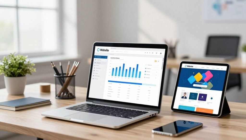 A professional workspace showcasing advanced website building client management tools. In the foreground, a sleek, modern laptop open, displaying an intuitive interface of a website builder, with graphs and charts showing project progress. Beside the laptop, a tablet showing a mobile preview of a vibrant website design. In the middle ground, a wooden desk adorned with stylish office supplies and a potted plant, creating a fresh atmosphere. The background features a soft-focus modern office environment with large windows letting in natural light, casting gentle shadows. The overall mood is professional and innovative, emphasizing efficiency and creativity in web development for professionals, with a clean color palette of blues and whites. A professional workspace showcasing advanced website building client management tools. In the foreground, a sleek, modern laptop open, displaying an intuitive interface of a website builder, with graphs and charts showing project progress. Beside the laptop, a tablet showing a mobile preview of a vibrant website design. In the middle ground, a wooden desk adorned with stylish office supplies and a potted plant, creating a fresh atmosphere. The background features a soft-focus modern office environment with large windows letting in natural light, casting gentle shadows. The overall mood is professional and innovative, emphasizing efficiency and creativity in web development for professionals, with a clean color palette of blues and whites.