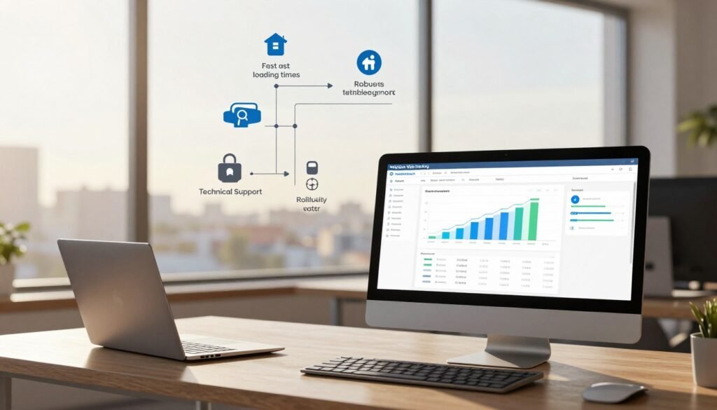 A professional workspace showcasing the key features of InMotion Web Hosting. In the foreground, a sleek computer monitor displays a detailed dashboard, featuring graphs and metrics indicative of high performance and reliability. A modern laptop sits beside it, symbolizing mobility and flexibility in web hosting services. In the middle ground, a structured diagram illustrates concepts like fast loading times, robust security, and technical support, with icons representing each feature. The background features a wide window with natural light streaming in, casting a warm glow over the scene, while a serene cityscape can be seen outside. The overall mood is one of professionalism and innovation, embodying excellence in web hosting technology. A professional workspace showcasing the key features of InMotion Web Hosting. In the foreground, a sleek computer monitor displays a detailed dashboard, featuring graphs and metrics indicative of high performance and reliability. A modern laptop sits beside it, symbolizing mobility and flexibility in web hosting services. In the middle ground, a structured diagram illustrates concepts like fast loading times, robust security, and technical support, with icons representing each feature. The background features a wide window with natural light streaming in, casting a warm glow over the scene, while a serene cityscape can be seen outside. The overall mood is one of professionalism and innovation, embodying excellence in web hosting technology.