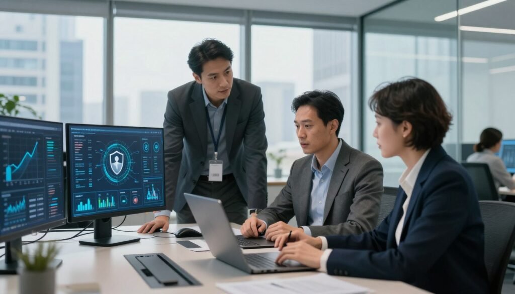 A serene and professional office environment, showcasing the theme of data security and compliance. In the foreground, a diverse group of three professionals, two men and one woman, dressed in smart business attire, are engaged in discussion while examining digital screens displaying graphs and data protection symbols. The middle ground features a sleek conference table with high-tech devices, emphasizing advanced IT management tools. In the background, large windows allow natural light to flood the space, highlighting a modern cityscape. The mood is focused and collaborative, conveying a sense of diligence and trust in protecting sensitive data. Soft lighting enhances the professionalism while ensuring clarity in the scene's details. A serene and professional office environment, showcasing the theme of data security and compliance. In the foreground, a diverse group of three professionals, two men and one woman, dressed in smart business attire, are engaged in discussion while examining digital screens displaying graphs and data protection symbols. The middle ground features a sleek conference table with high-tech devices, emphasizing advanced IT management tools. In the background, large windows allow natural light to flood the space, highlighting a modern cityscape. The mood is focused and collaborative, conveying a sense of diligence and trust in protecting sensitive data. Soft lighting enhances the professionalism while ensuring clarity in the scene's details.